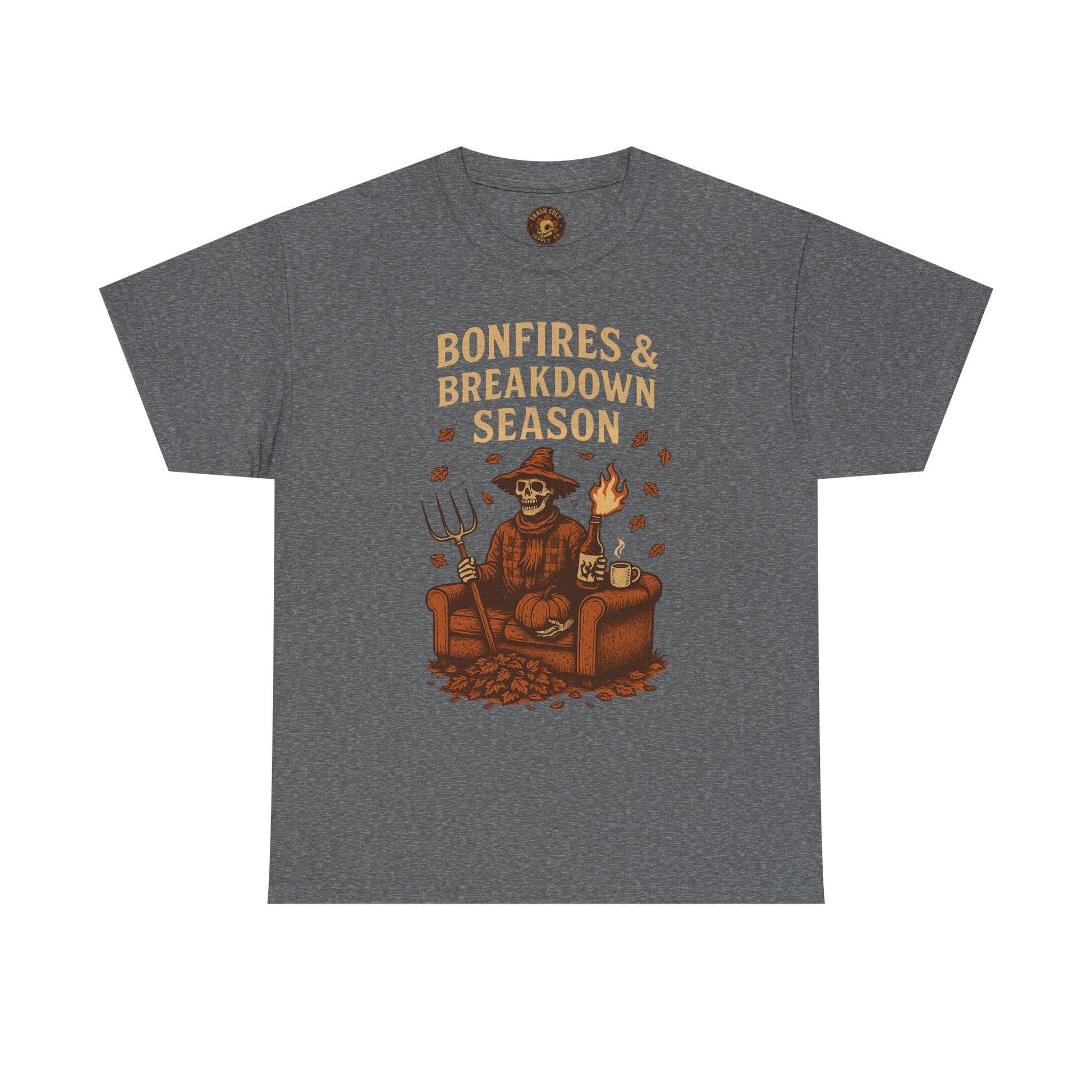 Bonfires & Breakdown Season Shirt – Skeleton Couch Chaos Tee – Fall of Humanity Collection – Trash Cult Supply Co.