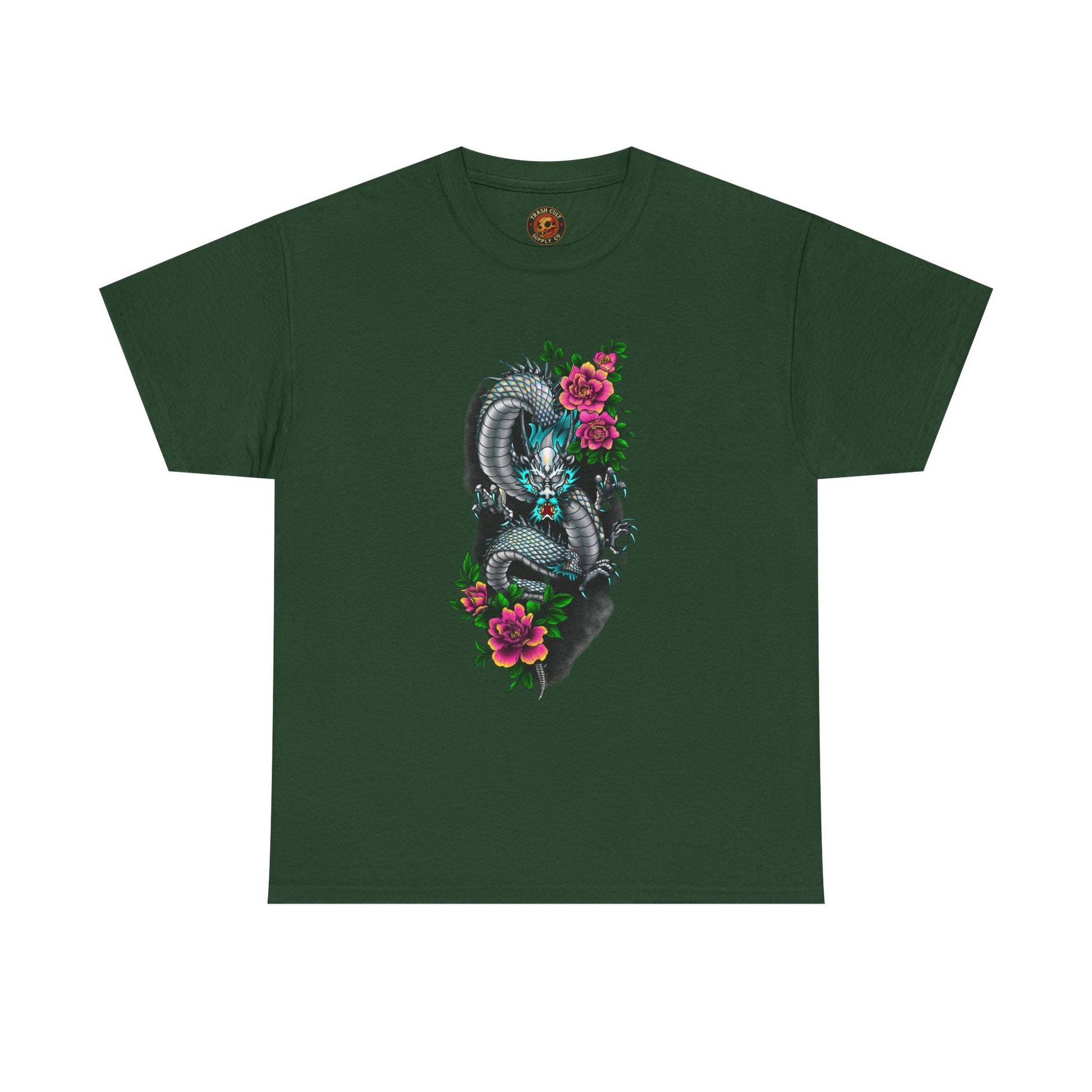 Mythic Dragon & Peonies Tattoo T-Shirt – Lara Davenport x Trash Cult Supply Co. Collab (Gildan 5000)