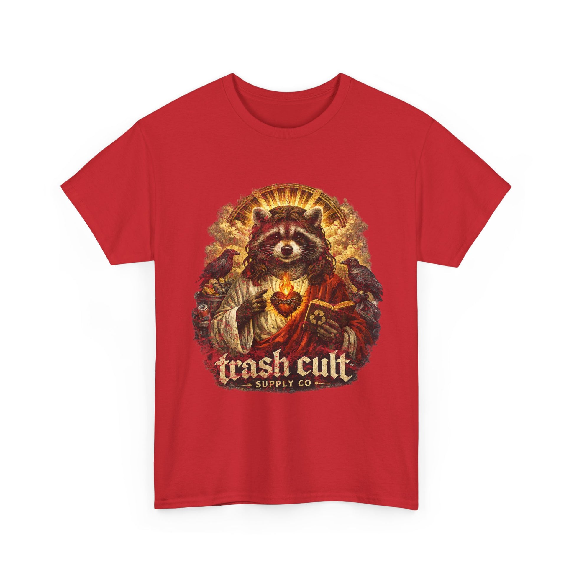 Raccoon Saint Graphic Tee — “Trash Cult” Vintage Devotional Design