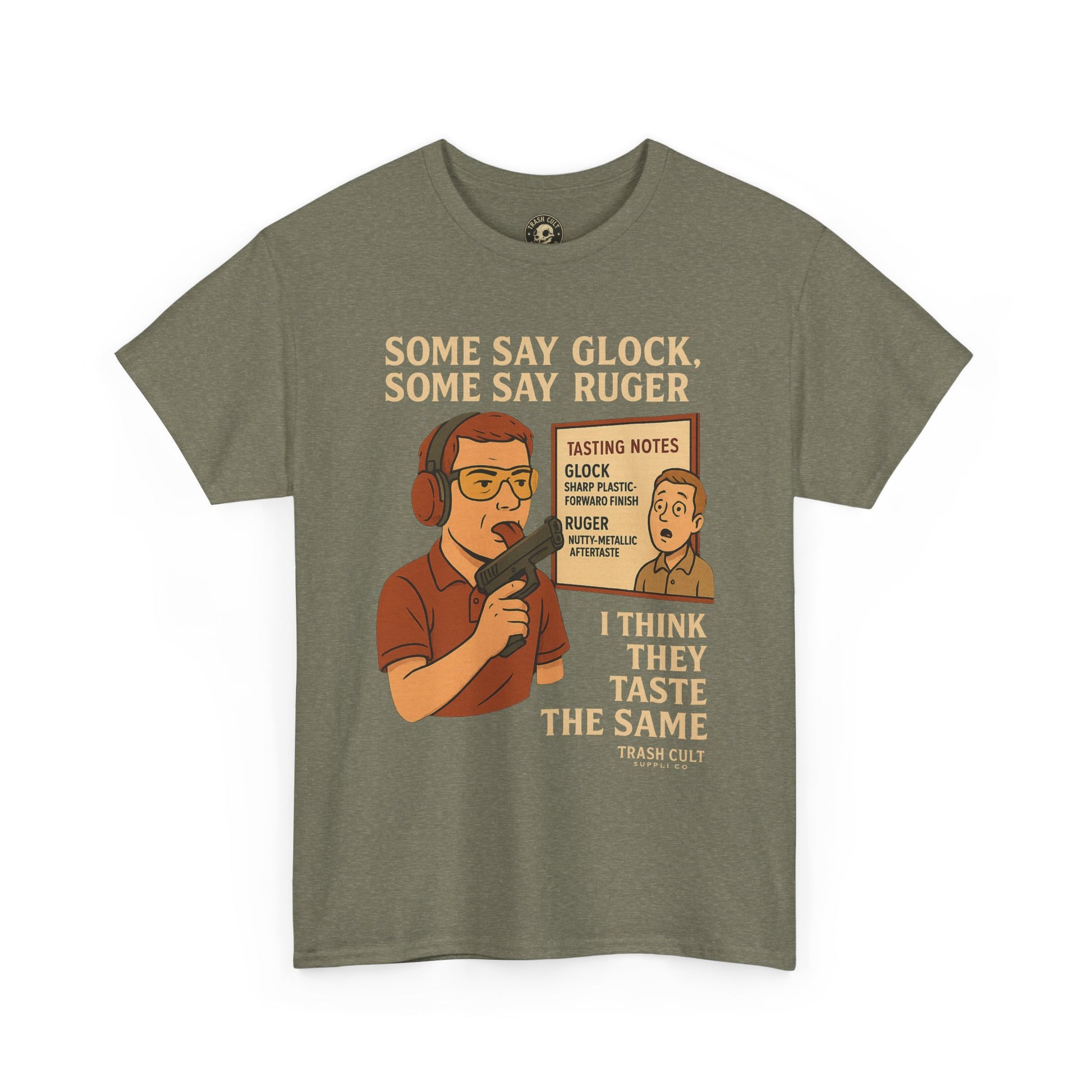 Glock vs Ruger Mouthfeel Shirt – Funny Gun Show Parody Tee | Dark Humor Firearm Tasting Notes Shirt