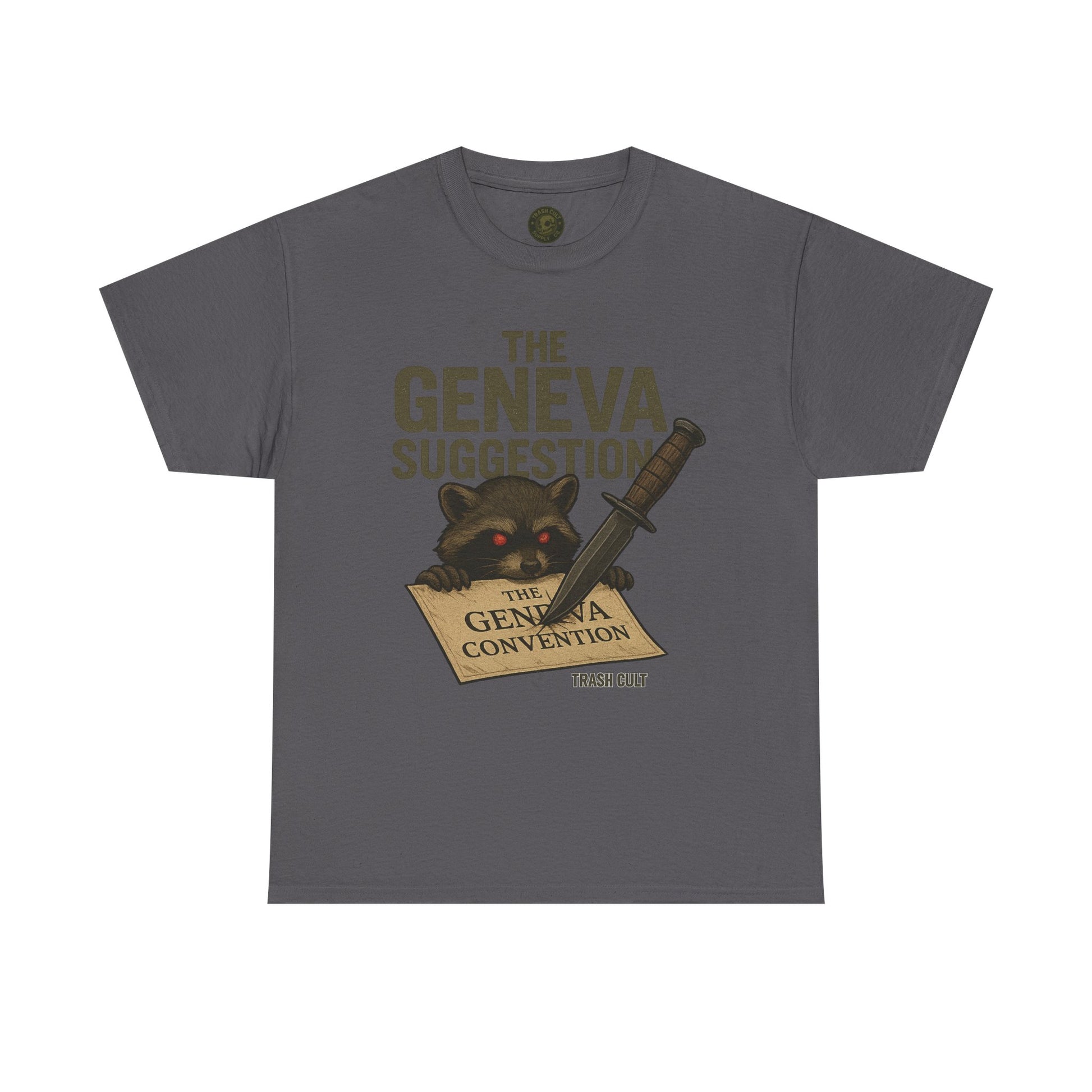 The Geneva Suggestion T-Shirt – Tactical Raccoon Dark Humor Tee | Trash Cult Supply Co. | Gildan 5000