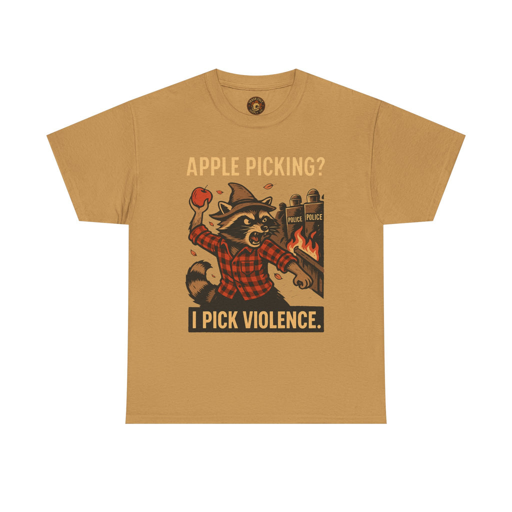 Apple Picking? I Pick Violence Shirt – Angry Raccoon Riot Tee – Fall of Humanity Collection – Trash Cult Supply Co.
