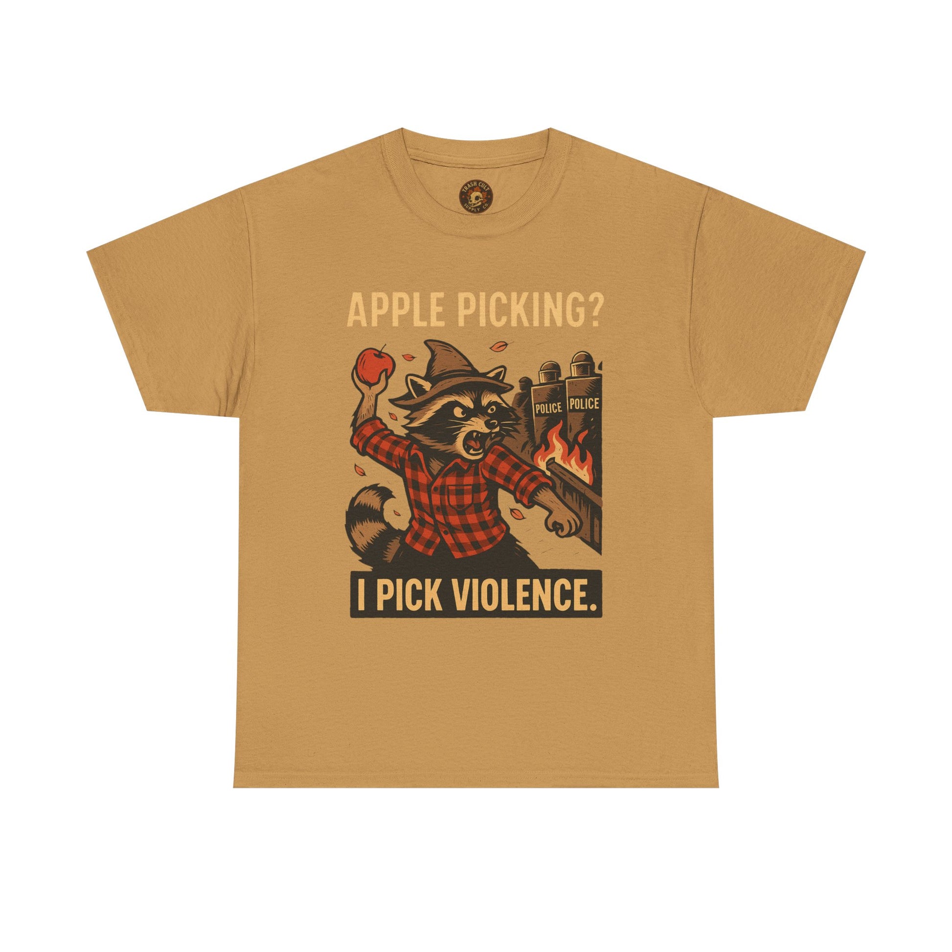 Apple Picking? I Pick Violence Shirt – Angry Raccoon Riot Tee – Fall of Humanity Collection – Trash Cult Supply Co.
