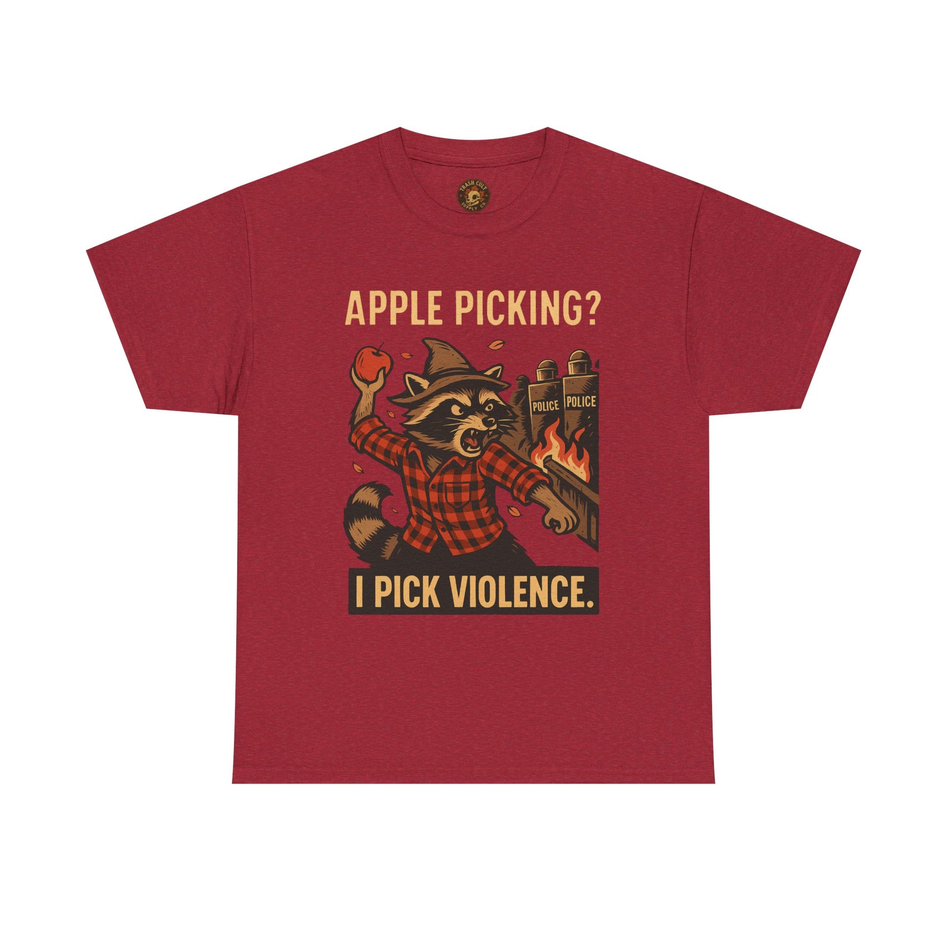 Apple Picking? I Pick Violence Shirt – Angry Raccoon Riot Tee – Fall of Humanity Collection – Trash Cult Supply Co.