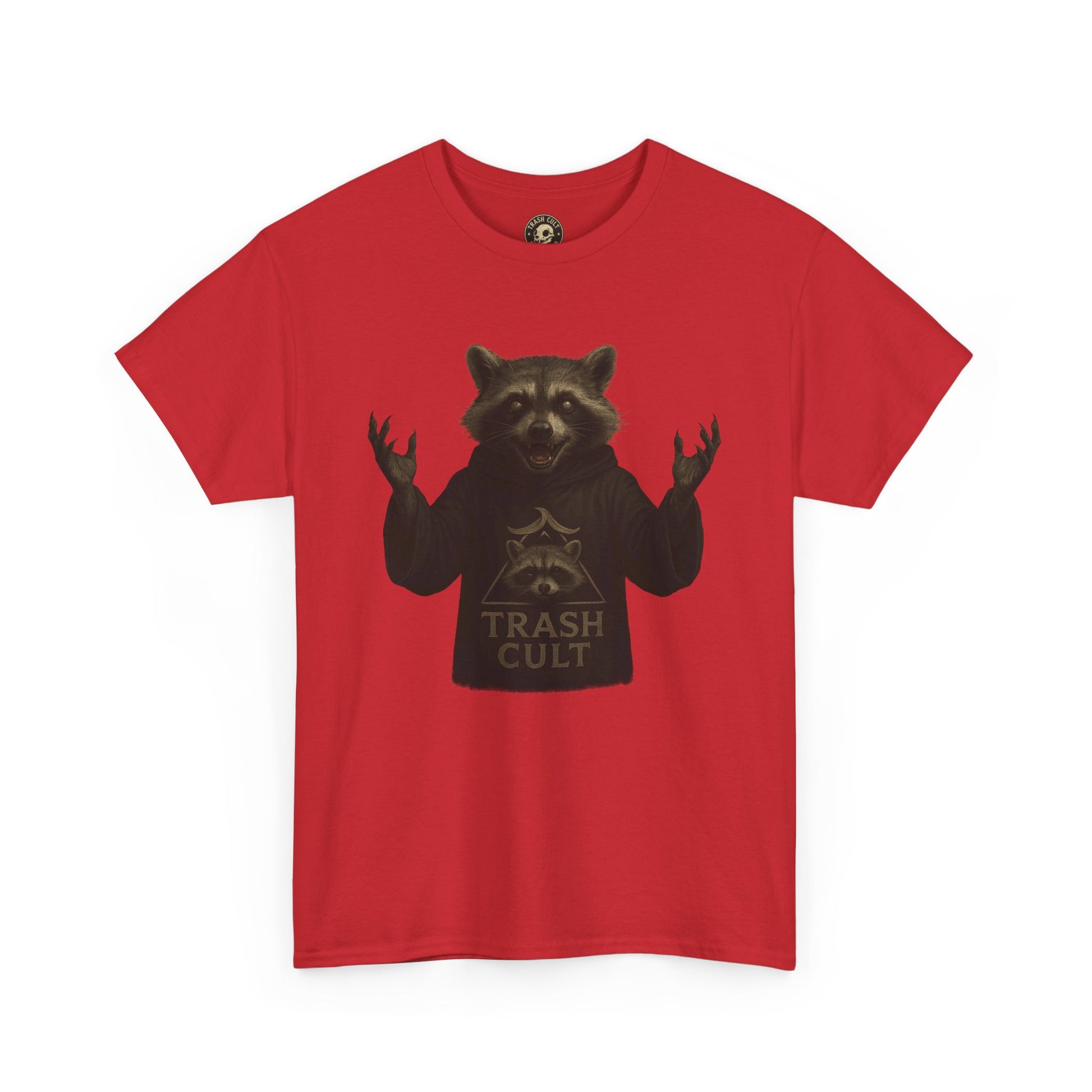 Raccoon Cult Leader Shirt – Trash Cult Unhinged Mascot Tee for Dark Fabrics | Gildan 5000