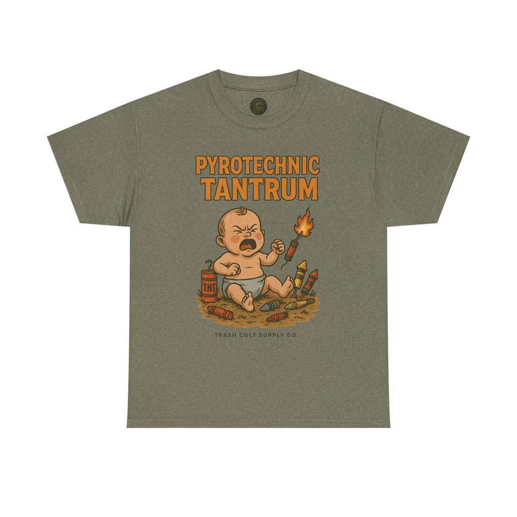 Pyrotechnic Tantrum T-Shirt – Explosive Baby Humor Graphic | Trash Cult Supply Co. | Gildan 5000 Tee