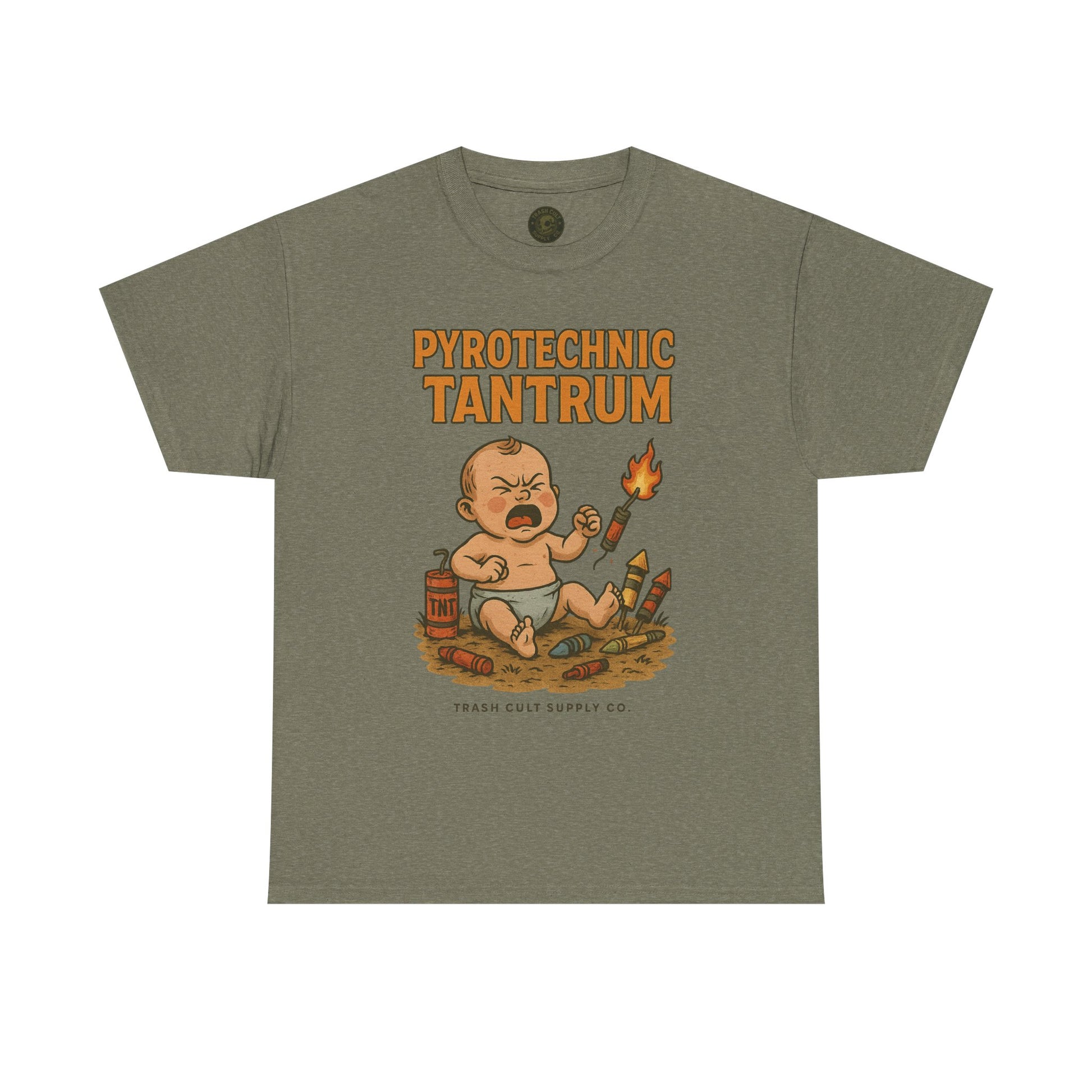 Pyrotechnic Tantrum T-Shirt – Explosive Baby Humor Graphic | Trash Cult Supply Co. | Gildan 5000 Tee