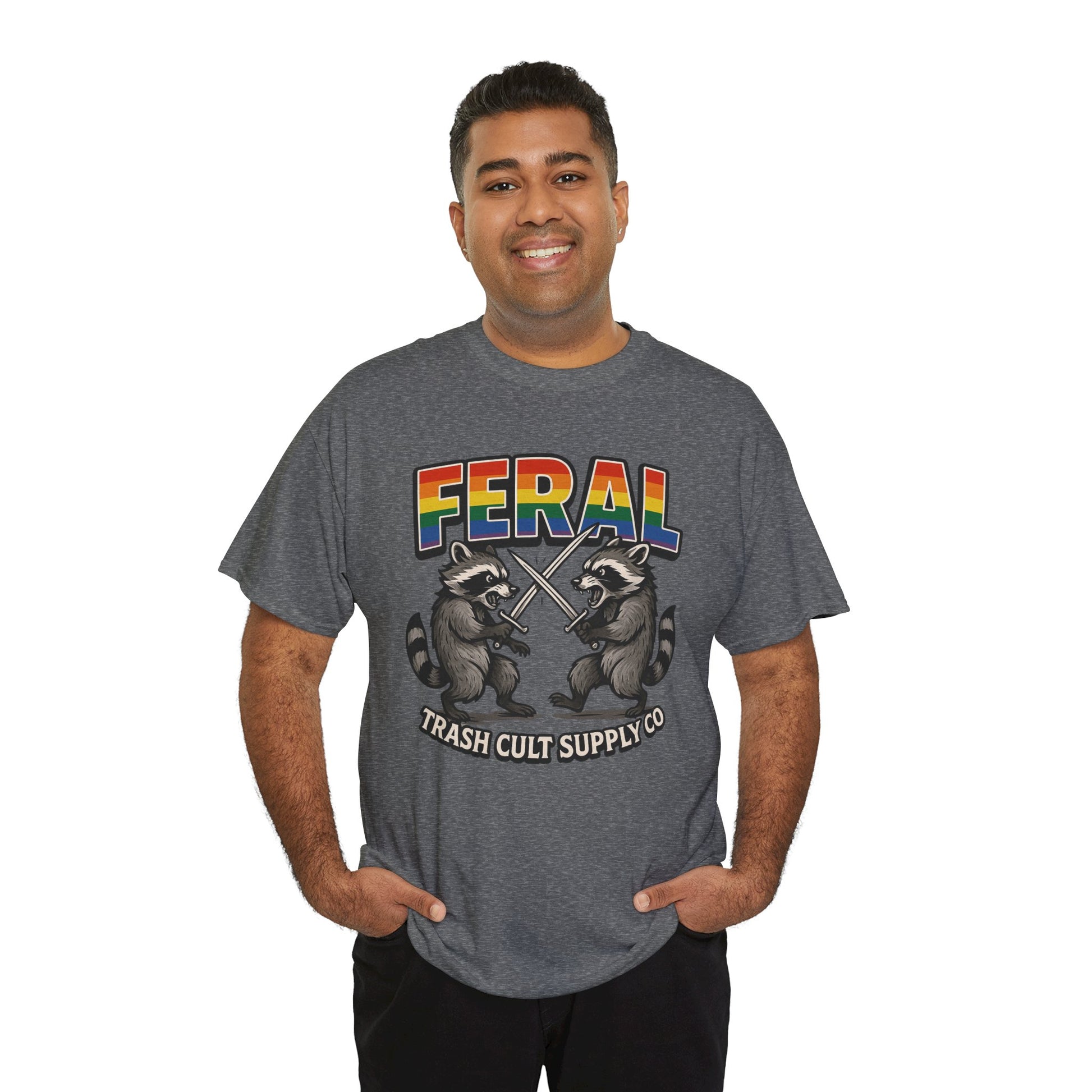 FERAL Rainbow Raccoon Sword Fighting Graphic Tee – Gildan 5000 Heavy Cotton