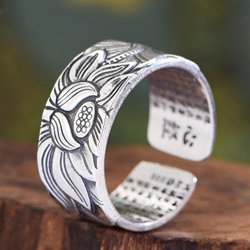 Adjustable Retro Lotus Ring – Unisex Open Band Ring with Engraved Script – Silver-Plated Copper Jewelry