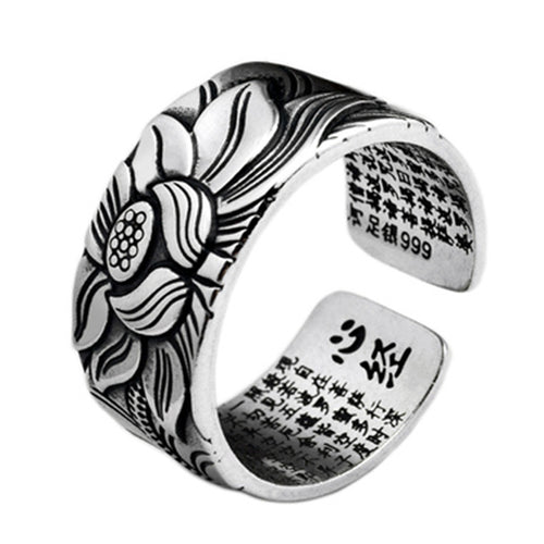 Adjustable Retro Lotus Ring – Unisex Open Band Ring with Engraved Script – Silver-Plated Copper Jewelry