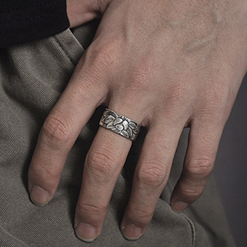 Adjustable Retro Lotus Ring – Unisex Open Band Ring with Engraved Script – Silver-Plated Copper Jewelry