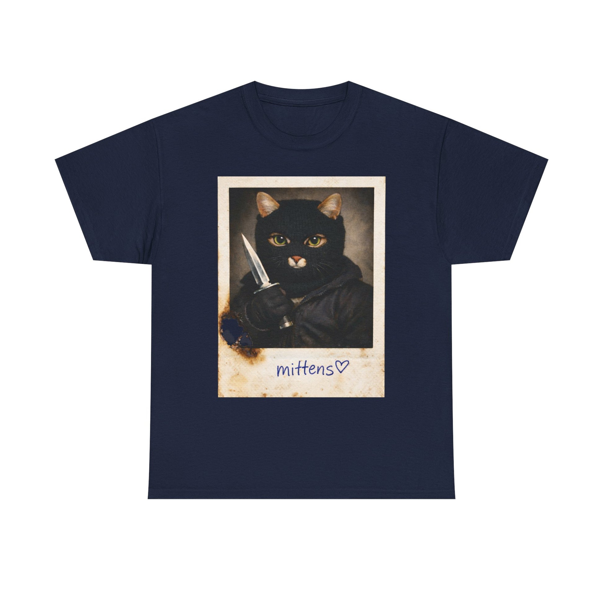 Cat With Knife Tee — "Mittens" Dark Humor Vintage Polaroid Graphic T-Shirt