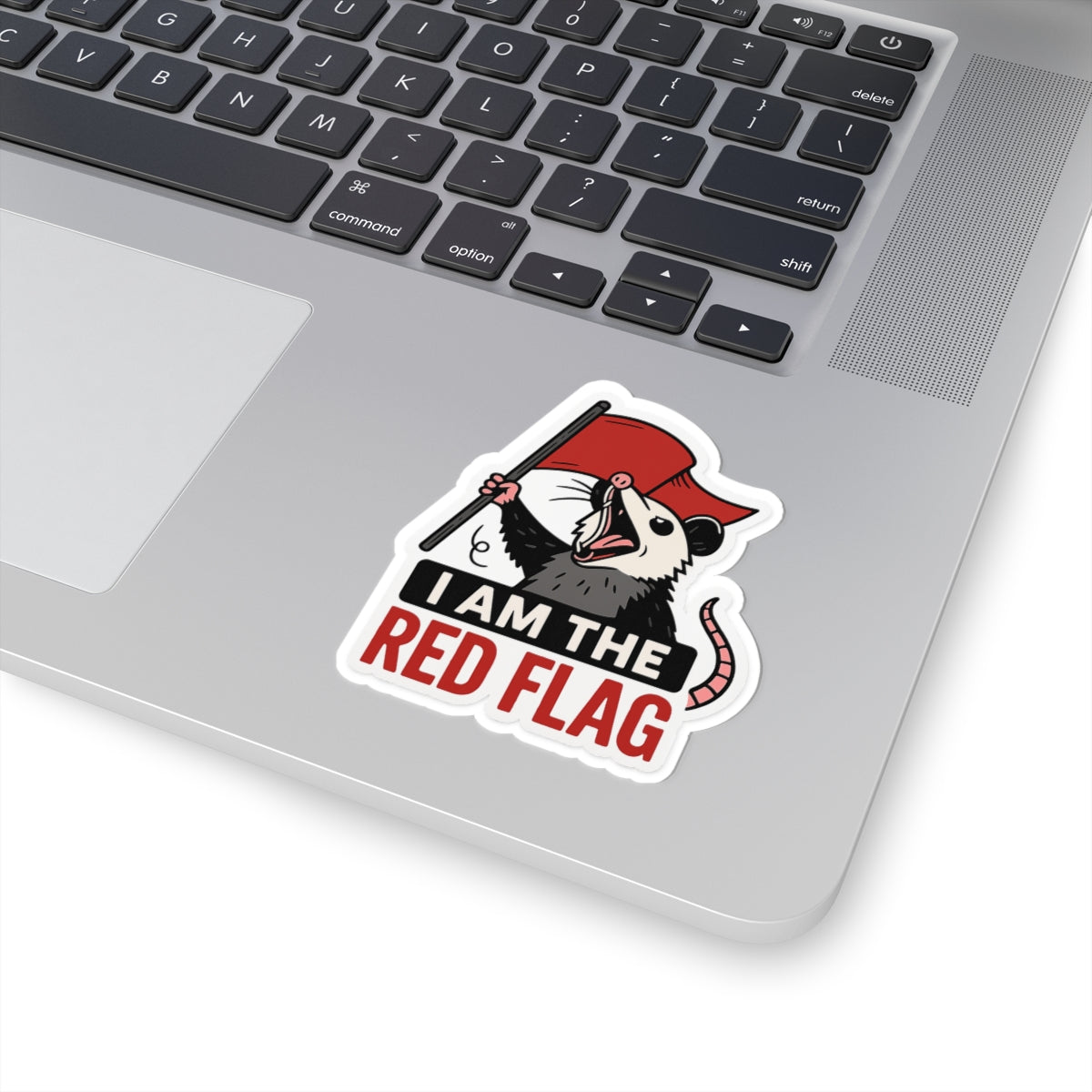 Playful Red Flag Opossum Sticker - Cute Decal for Laptops, Water Bottles, Journals, Gift for Friends, Funny Humor Art