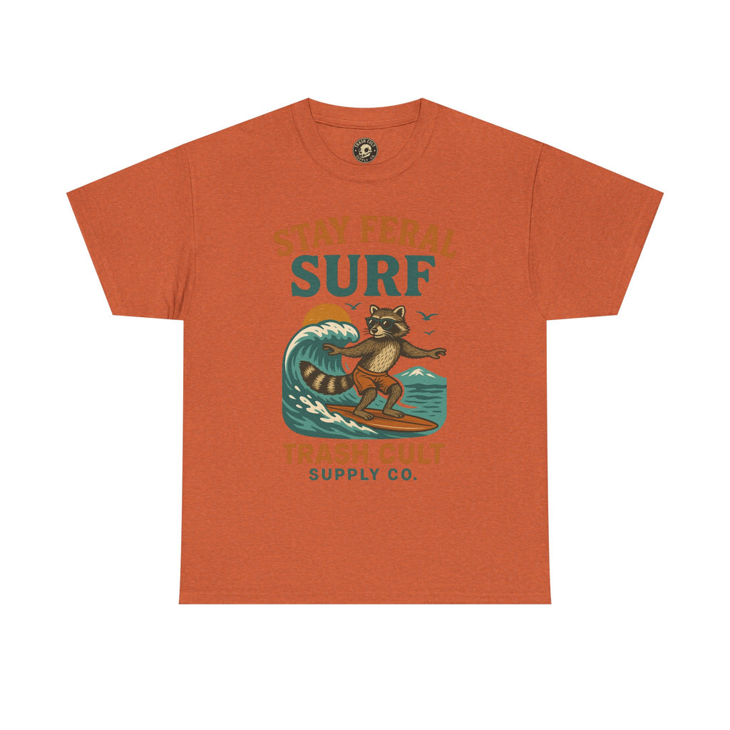 Stay Feral Surf Shirt – Retro Raccoon Beach Tee – Trash Cult Supply Co – Gildan 5000