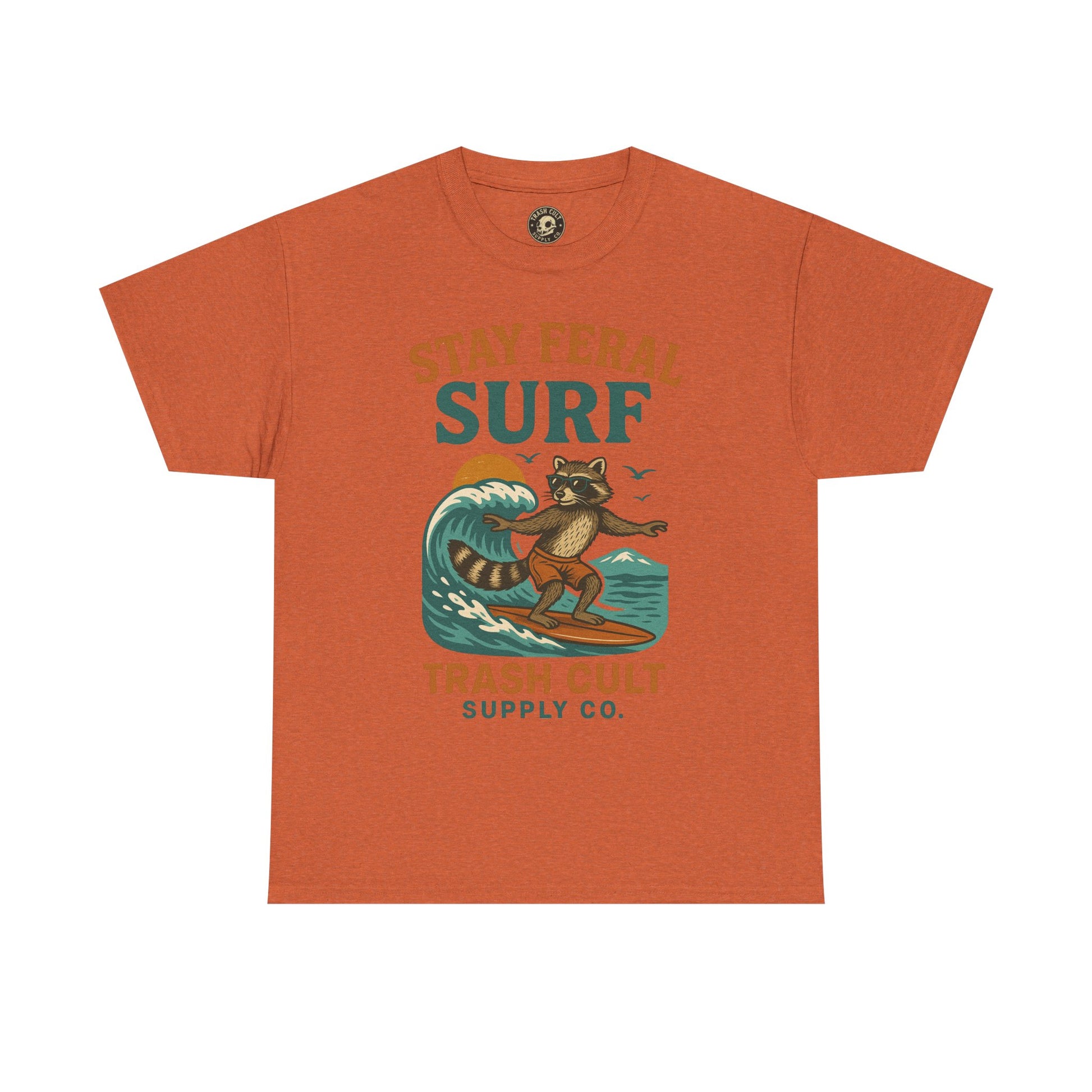 Stay Feral Surf Shirt – Retro Raccoon Beach Tee – Trash Cult Supply Co – Gildan 5000