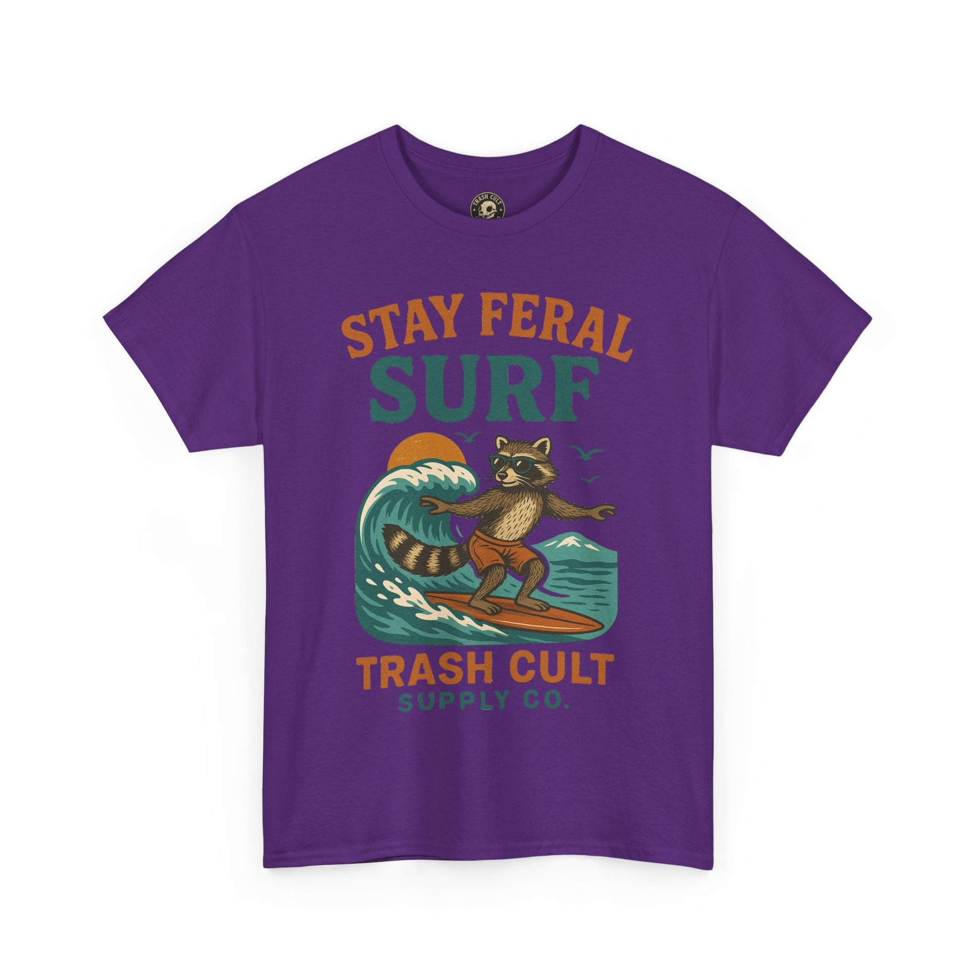 Stay Feral Surf Shirt – Retro Raccoon Beach Tee – Trash Cult Supply Co – Gildan 5000