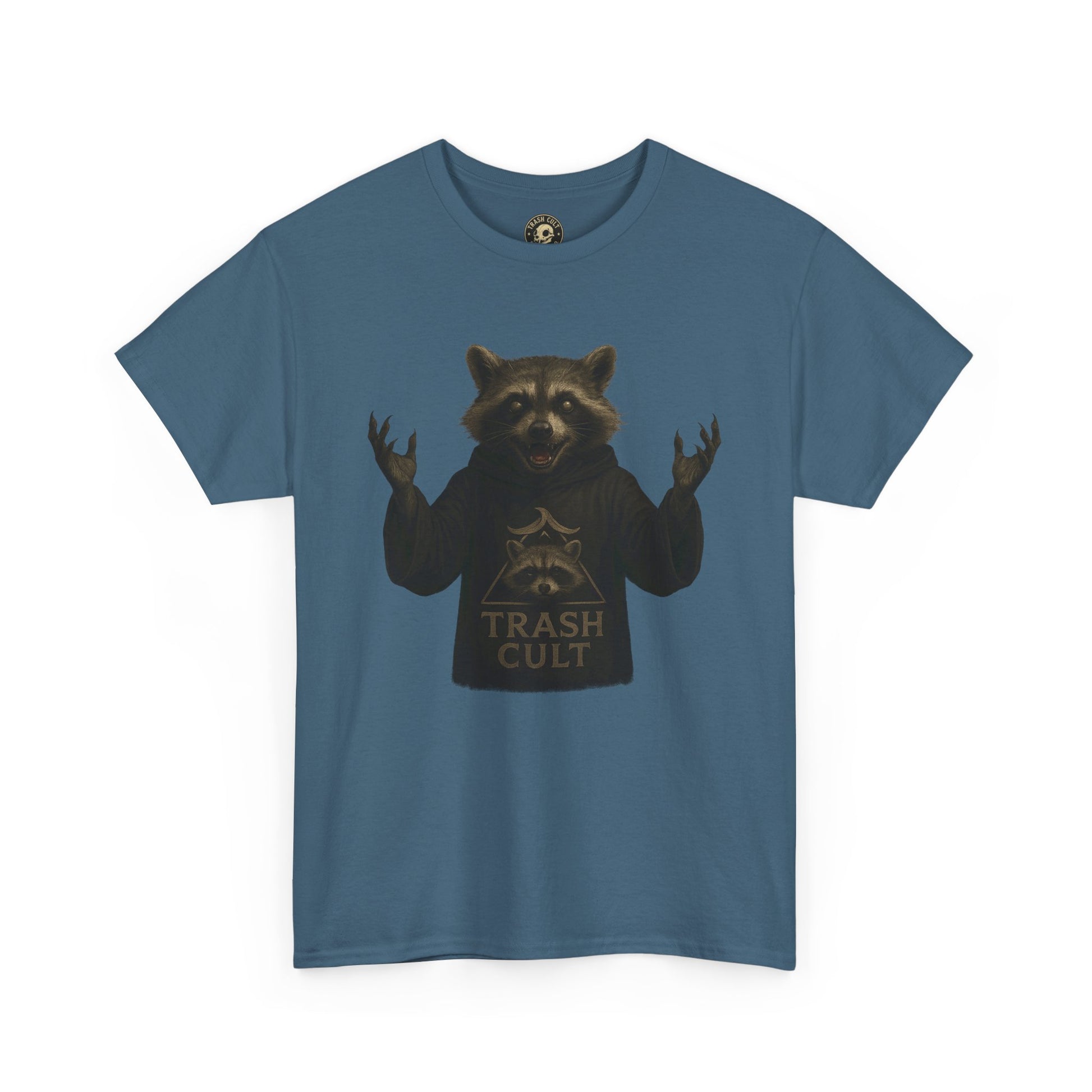 Raccoon Cult Leader Shirt – Trash Cult Unhinged Mascot Tee for Dark Fabrics | Gildan 5000