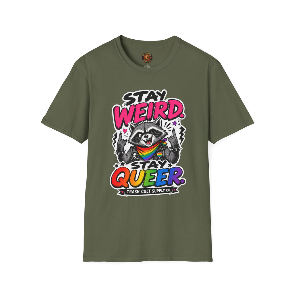 T-Shirt — "Stay Weird" Pride Raccoon Tee (Stay Queer)