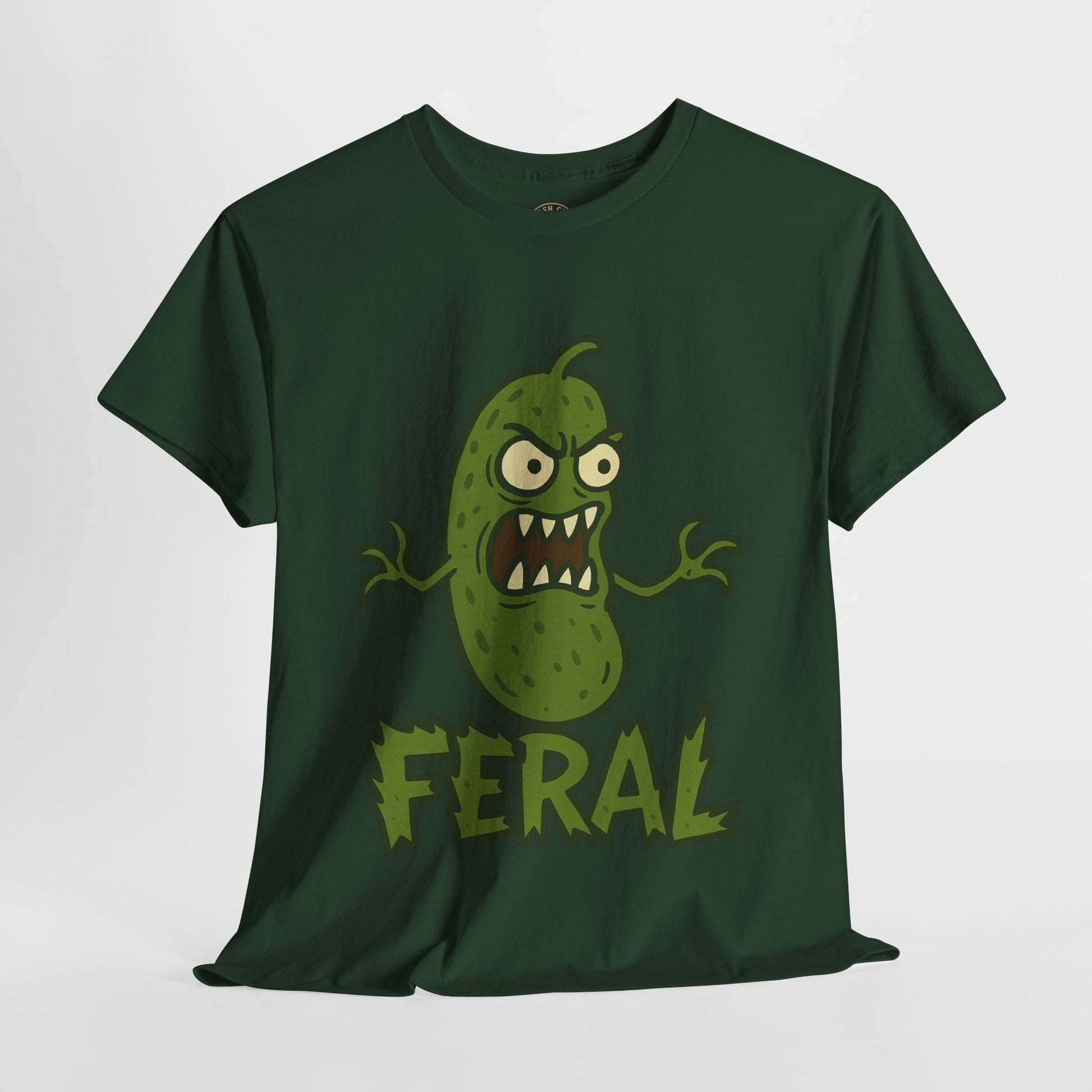 Feral Pickle Cartoon Tee – Trashcore Angry Pickle Shirt – Gildan 5000 Unisex Heavy Cotton