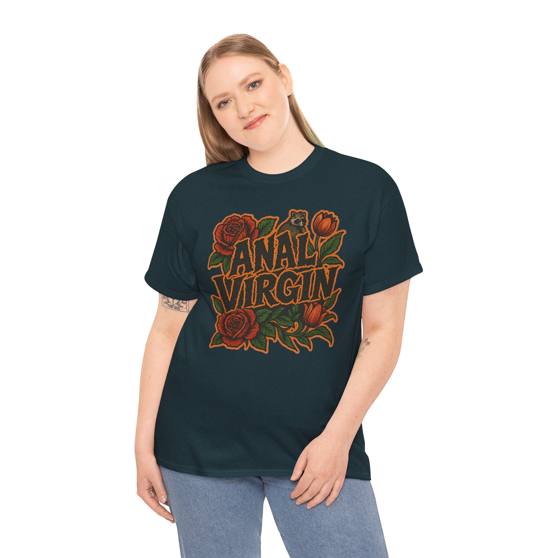 Anal Virgin Bold Floral Trashcore Tee – Funny Raccoon Shirt – Gildan 5000