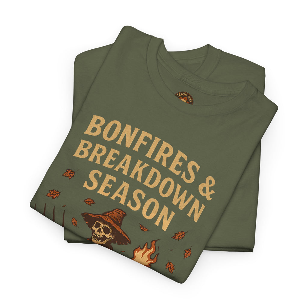 Bonfires & Breakdown Season Shirt – Skeleton Couch Chaos Tee – Fall of Humanity Collection – Trash Cult Supply Co.