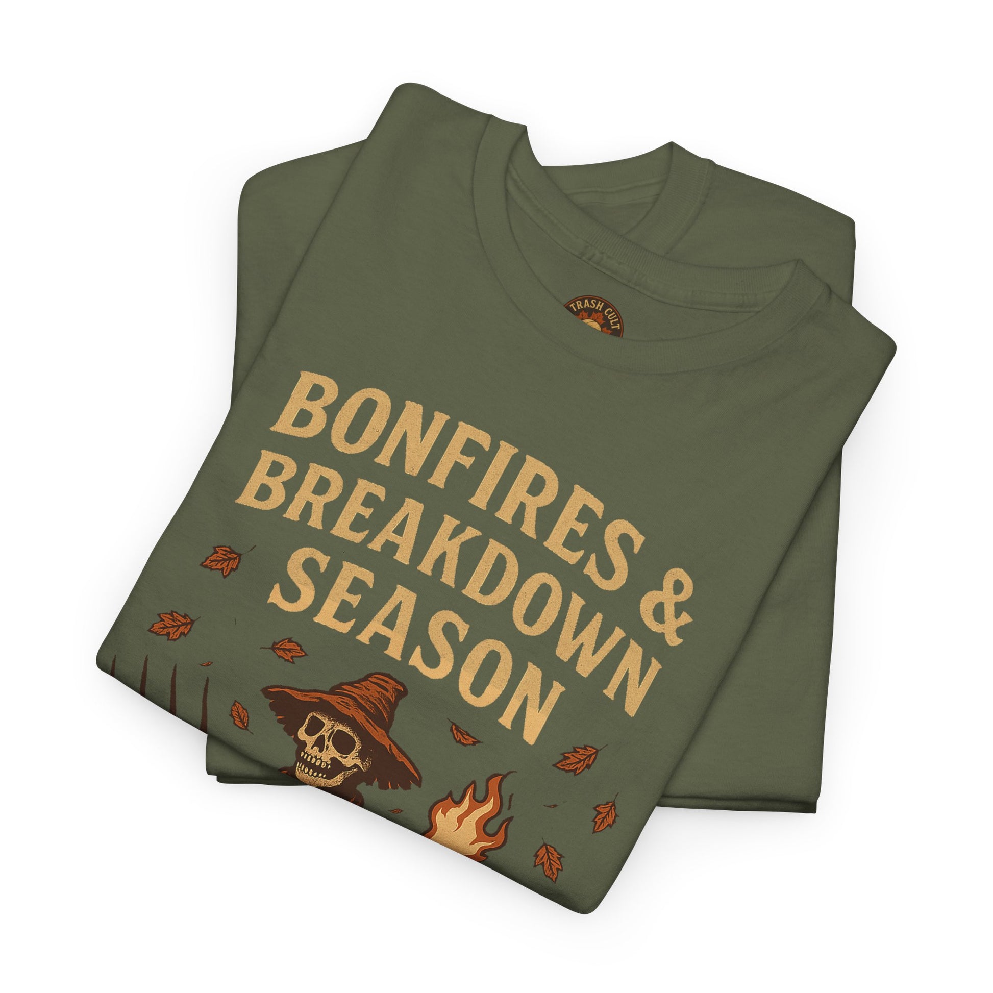 Bonfires & Breakdown Season Shirt – Skeleton Couch Chaos Tee – Fall of Humanity Collection – Trash Cult Supply Co.