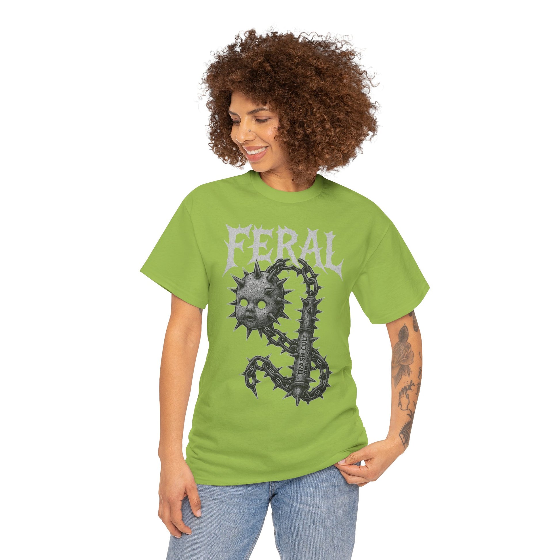 FERAL Spiked Doll Flail Tee – Halftone Gothic Weapon Shirt | Trash Cult Supply Co. | Gildan 5000