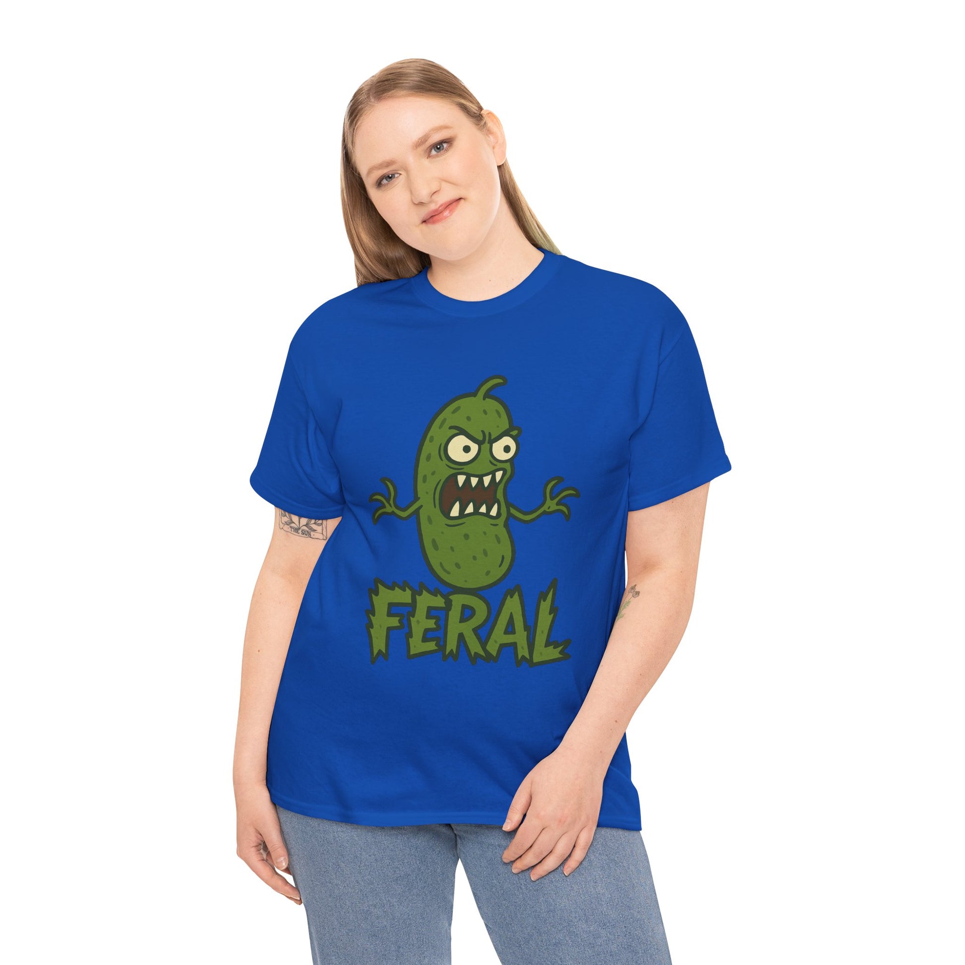 Feral Pickle Cartoon Tee – Trashcore Angry Pickle Shirt – Gildan 5000 Unisex Heavy Cotton