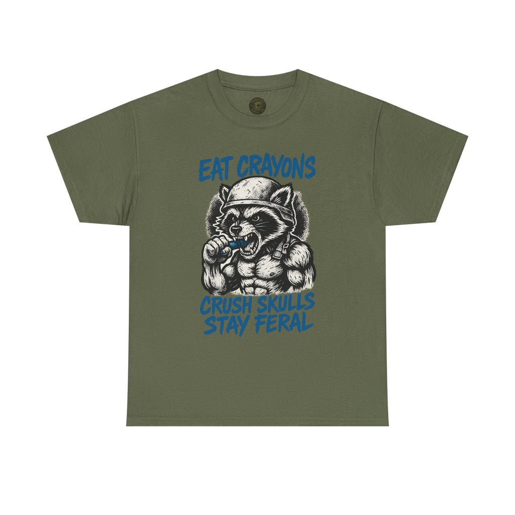 Eat Crayons Crush Skulls Stay Feral Military Raccoon Shirt – Gildan 5000