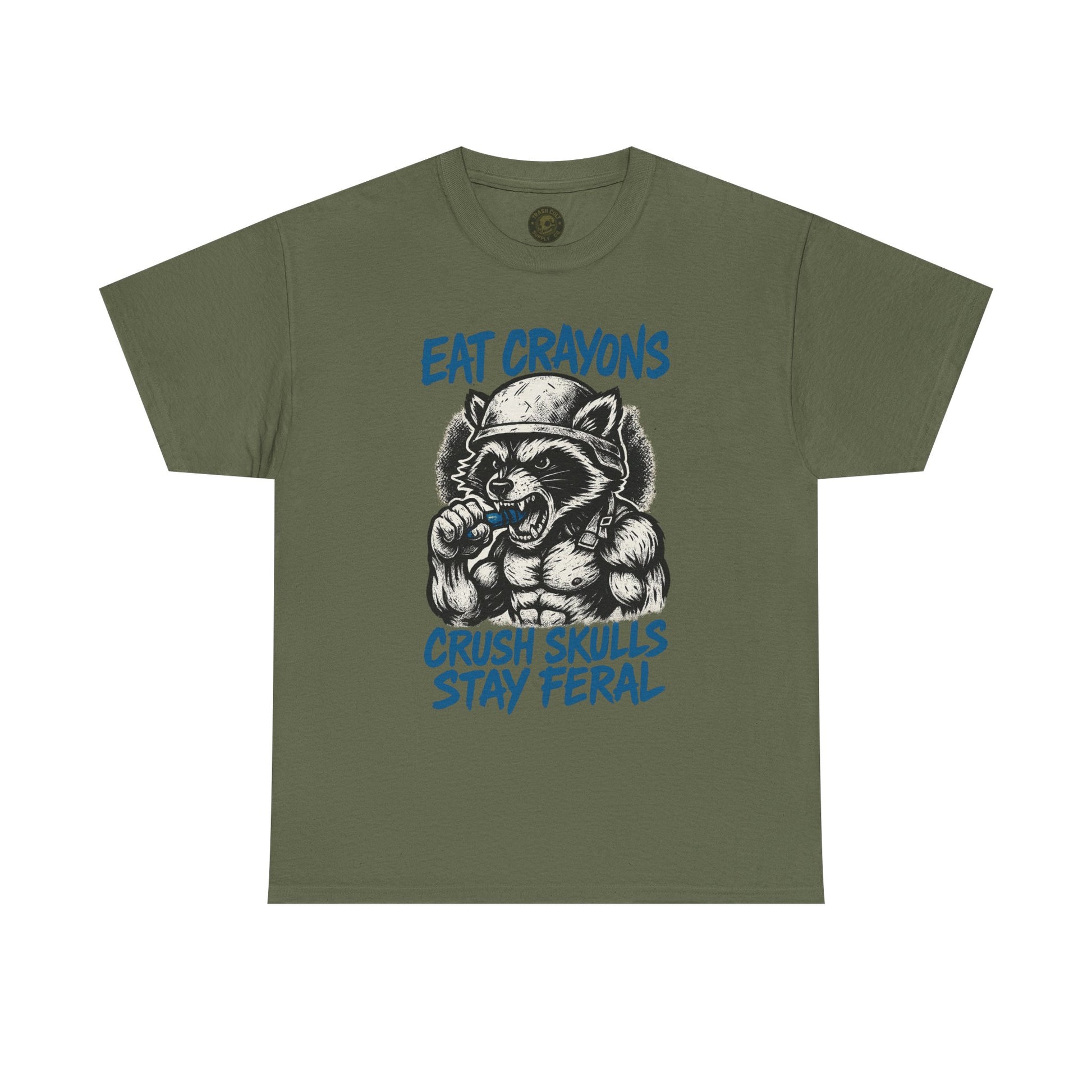 Eat Crayons Crush Skulls Stay Feral Military Raccoon Shirt – Gildan 5000