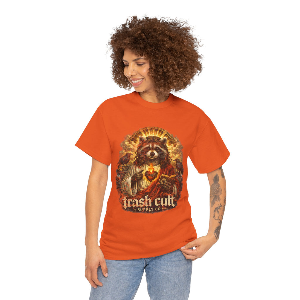 Raccoon Saint Graphic Tee — “Trash Cult” Vintage Devotional Design
