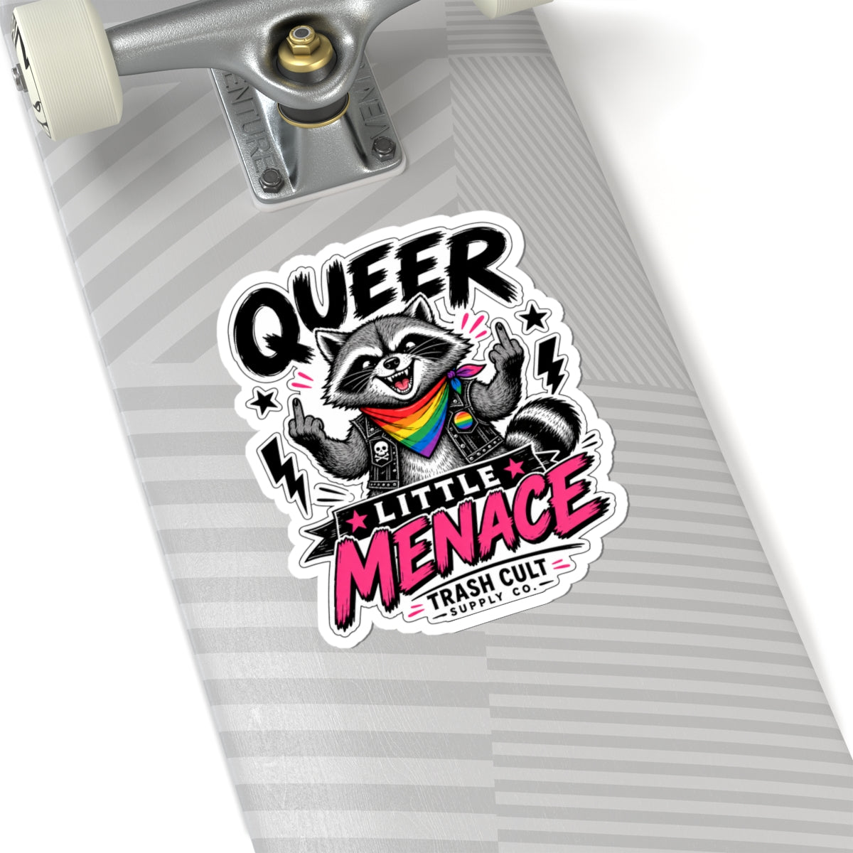 Queer Little Menace Sticker — Rainbow Raccoon Kiss-Cut Decal for Laptops & Pride