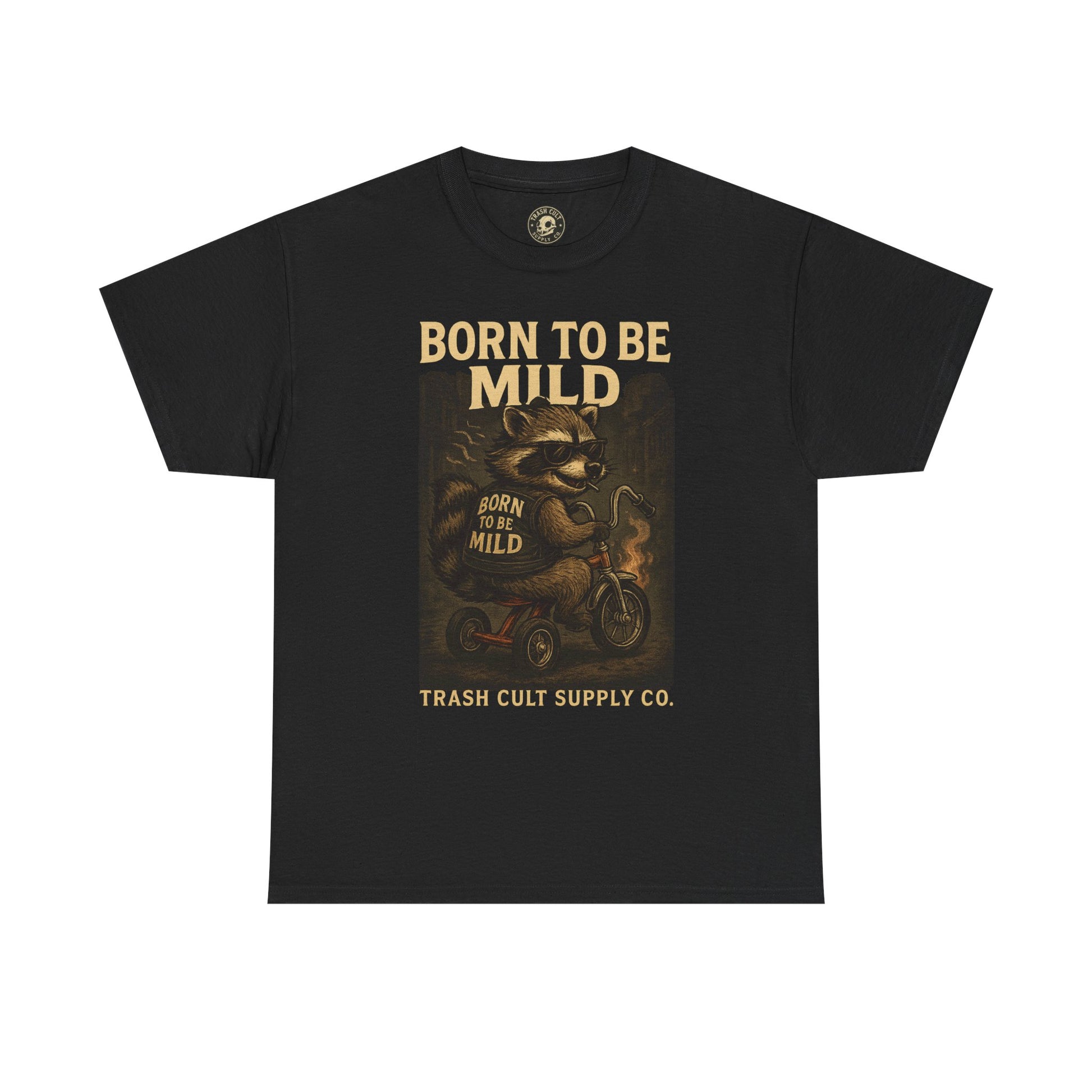 Born to Be Mild Raccoon Biker Shirt – Trash Cult Supply Co. | Funny Tricycle Rebel Tee