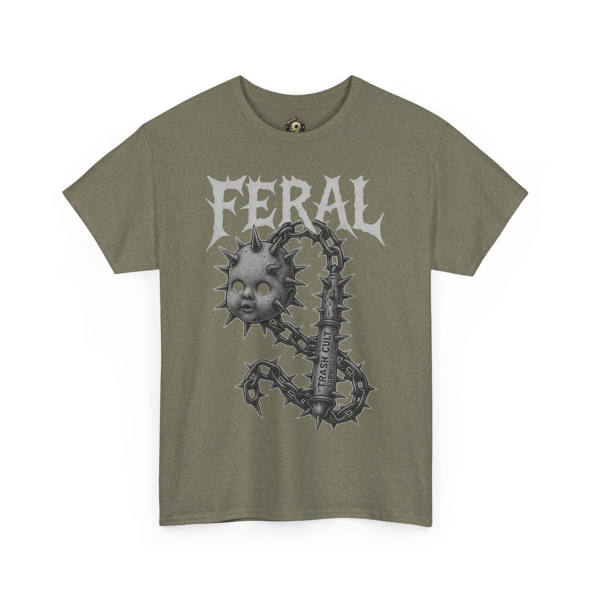 FERAL Spiked Doll Flail Tee – Halftone Gothic Weapon Shirt | Trash Cult Supply Co. | Gildan 5000