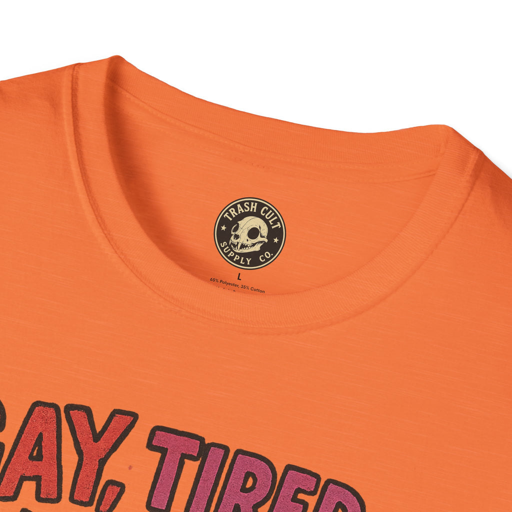 Gay, Tired, and Full of Crimes Raccoon Pride T-Shirt – Gildan Softstyle Unisex Tee