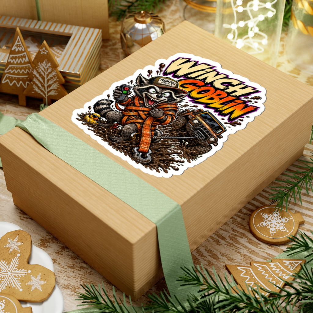 Winch Goblin Sticker — Off‑Road Raccoon Winching Decal