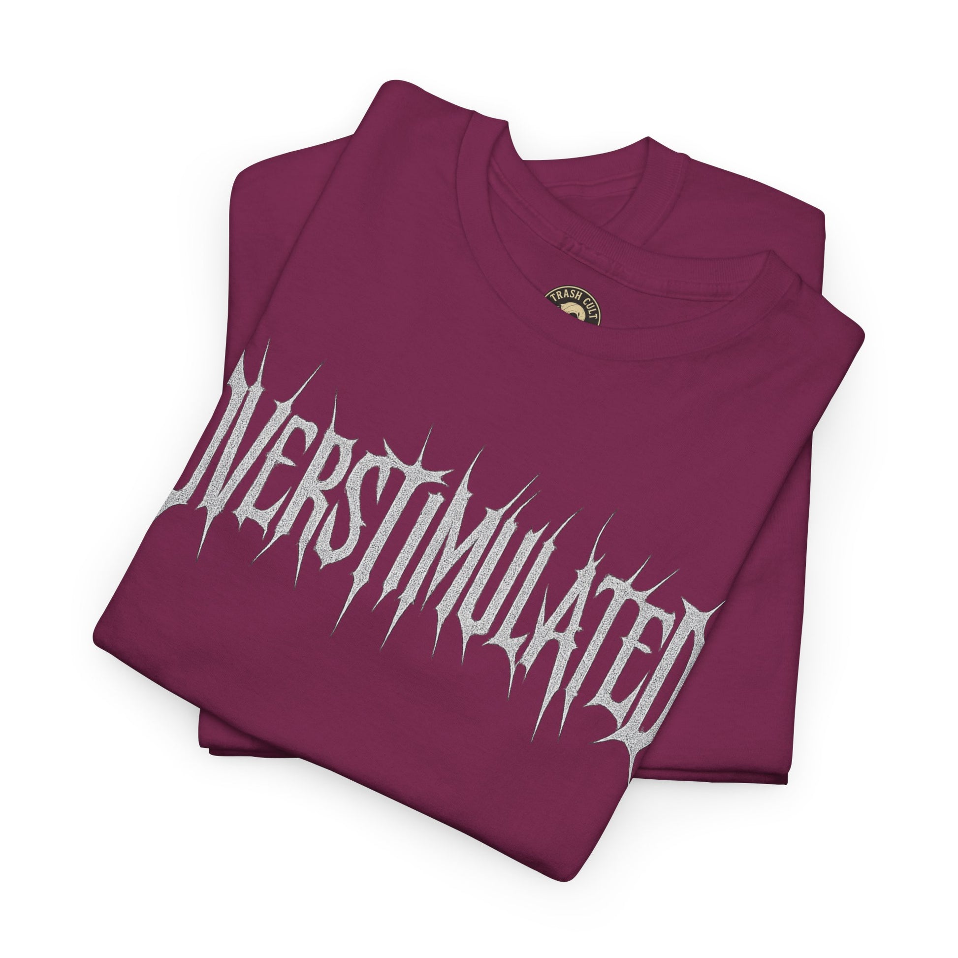 OVERSTIMULATED Metalcore Grunge Shirt – White on Black Distressed Font Tee