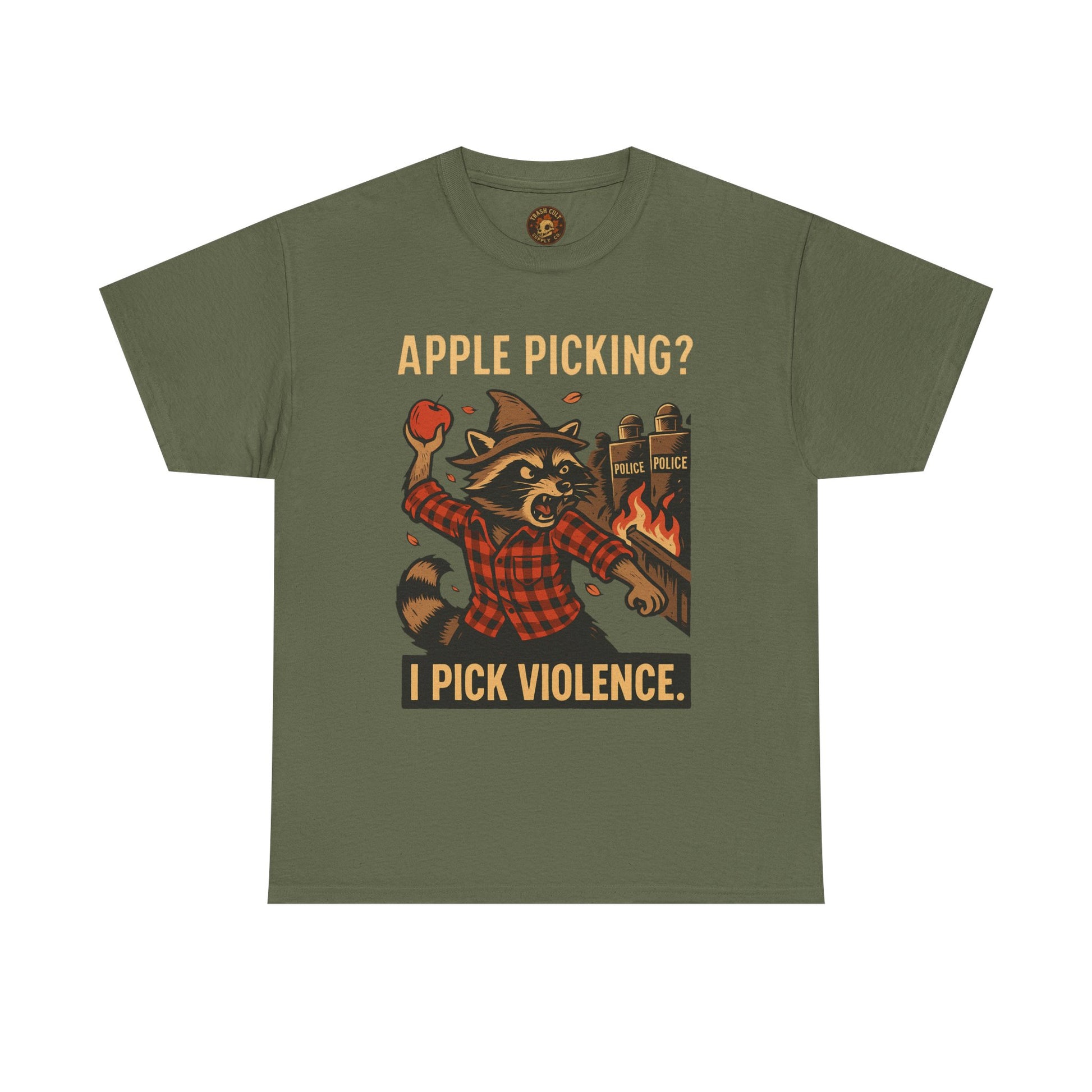 Apple Picking? I Pick Violence Shirt – Angry Raccoon Riot Tee – Fall of Humanity Collection – Trash Cult Supply Co.