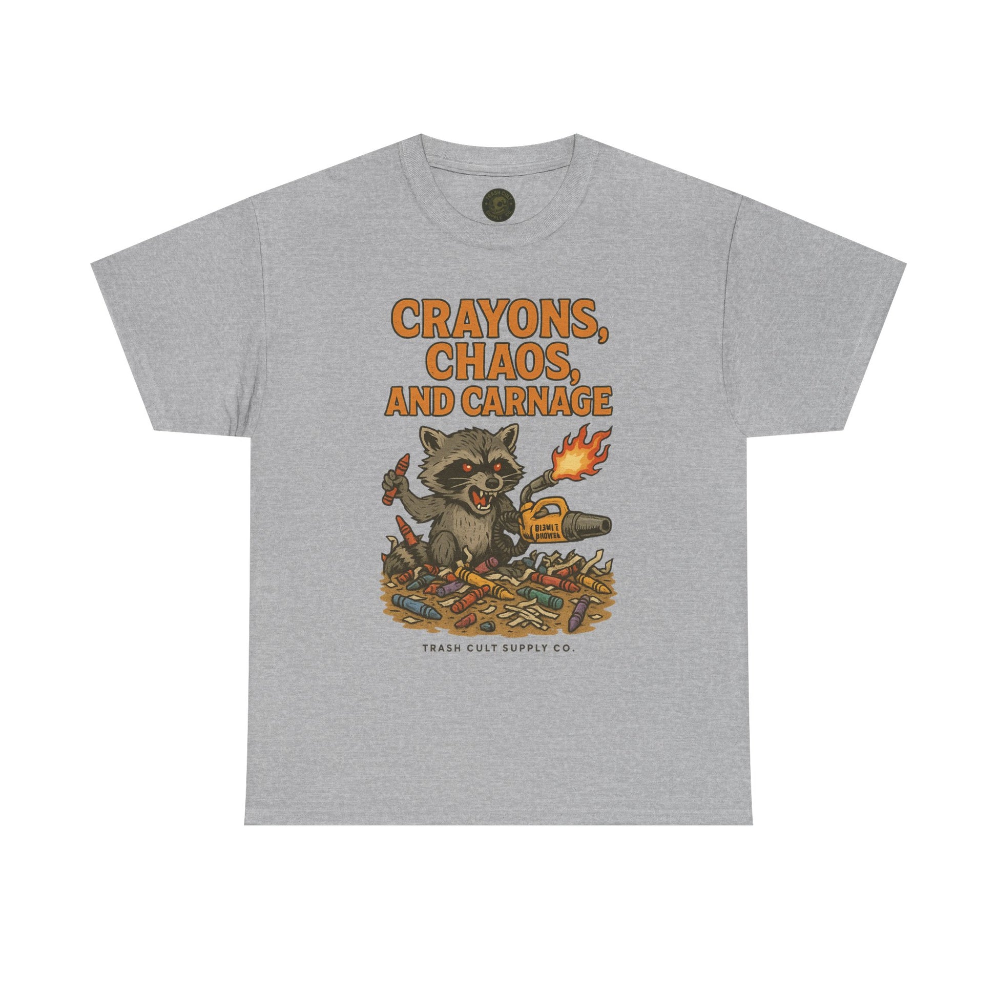 Crayons, Chaos, and Carnage T-Shirt – Dark Humor Raccoon Graphic | Trash Cult Supply Co. | Gildan 5000 Tee