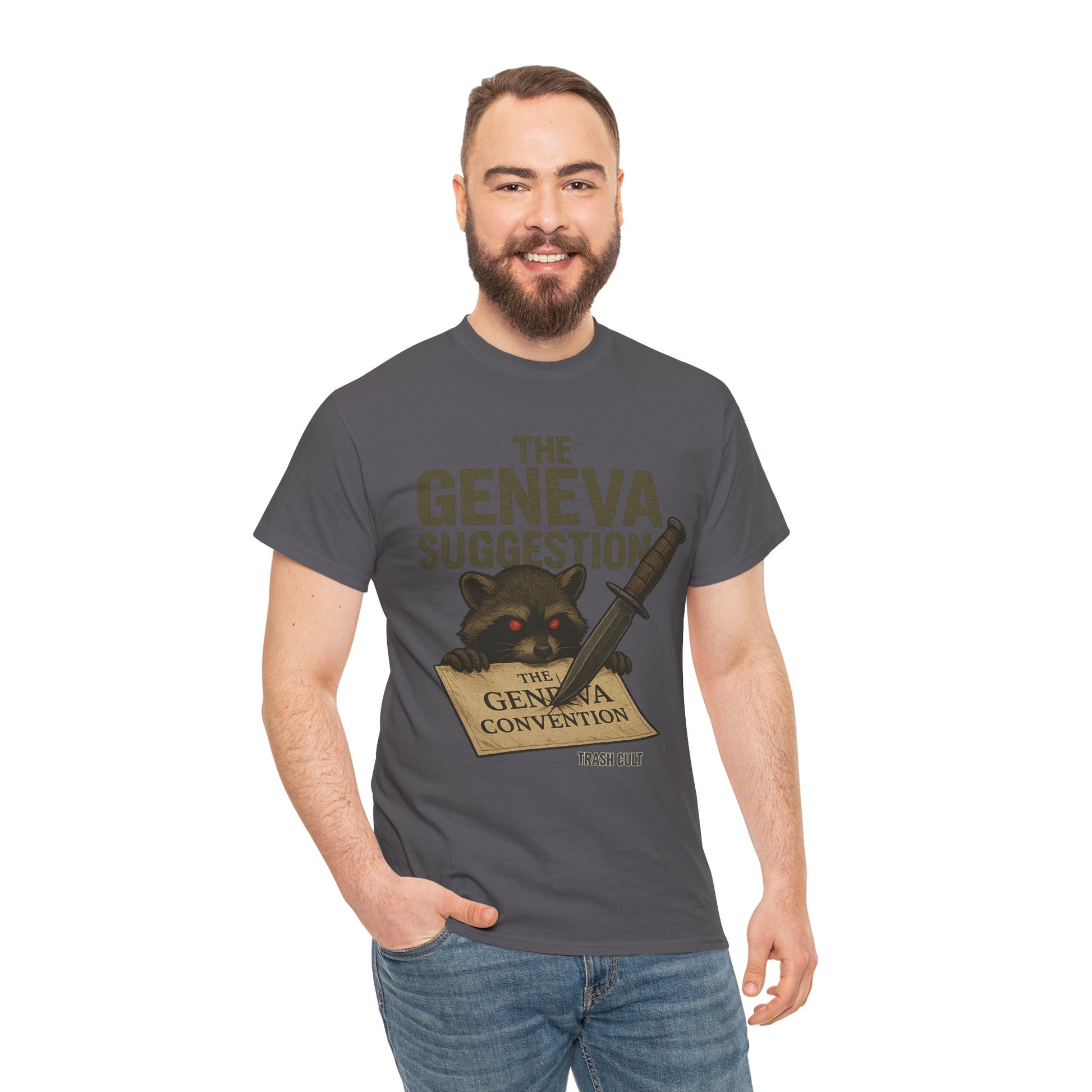 The Geneva Suggestion T-Shirt – Tactical Raccoon Dark Humor Tee | Trash Cult Supply Co. | Gildan 5000