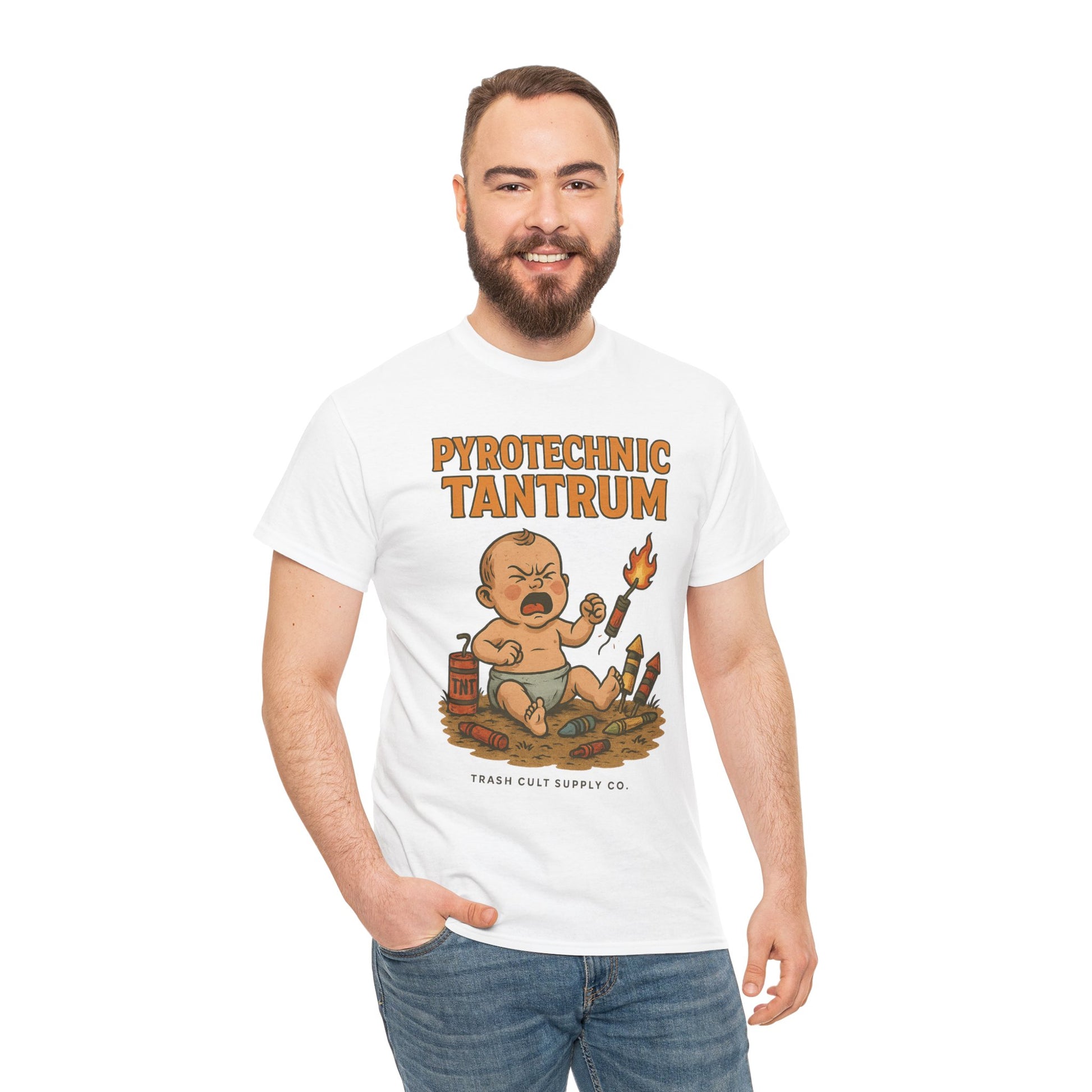 Pyrotechnic Tantrum T-Shirt – Explosive Baby Humor Graphic | Trash Cult Supply Co. | Gildan 5000 Tee