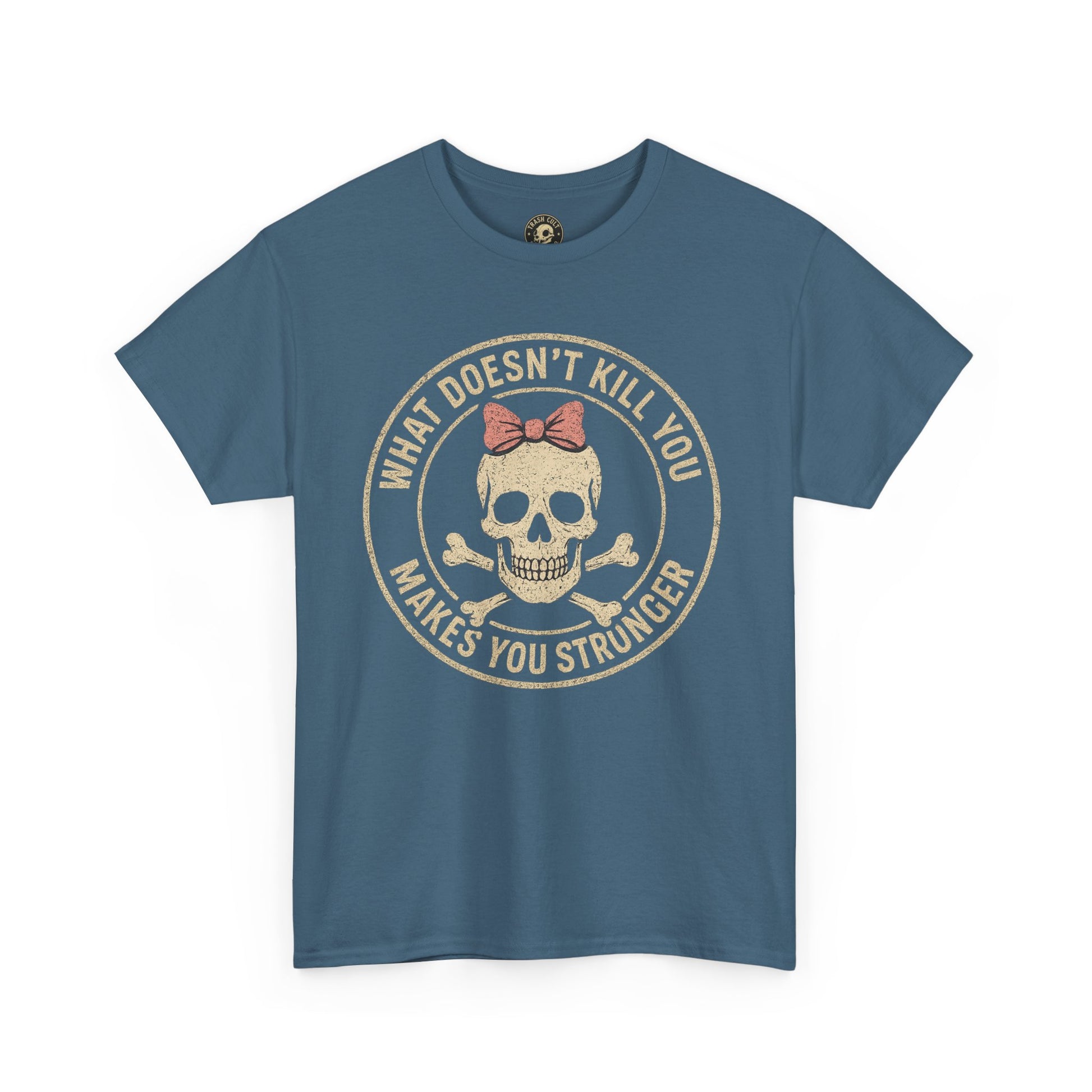 “What Doesn’t Kill You Makes You Stronger” Skull & Bow T-Shirt – Vintage Grunge Graphic | Gildan 5000