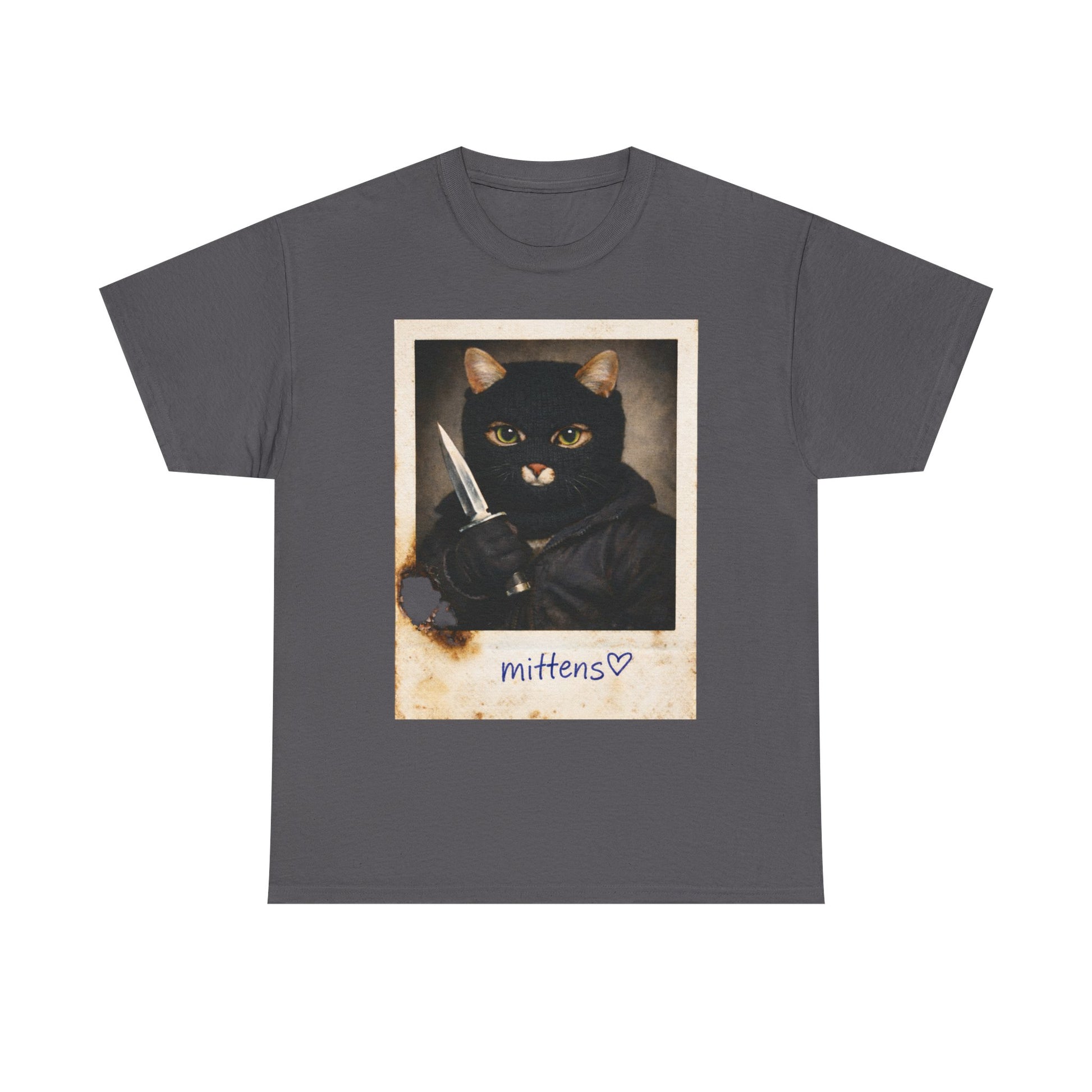 Cat With Knife Tee — "Mittens" Dark Humor Vintage Polaroid Graphic T-Shirt