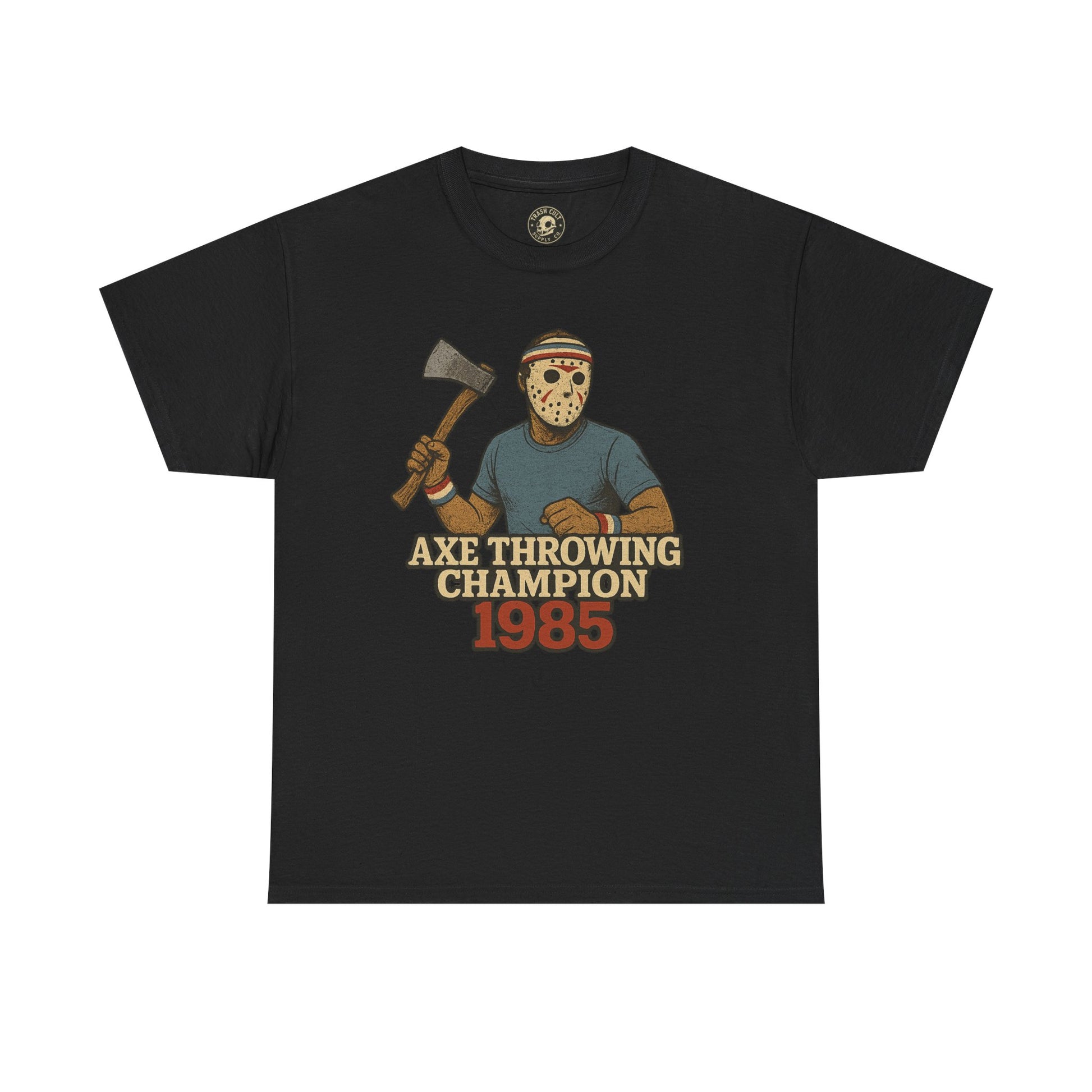 Jason Voorhees Axe Throwing Champion 1985 T-Shirt – Retro Slasher Workout Parody | Gildan 5000 Tee