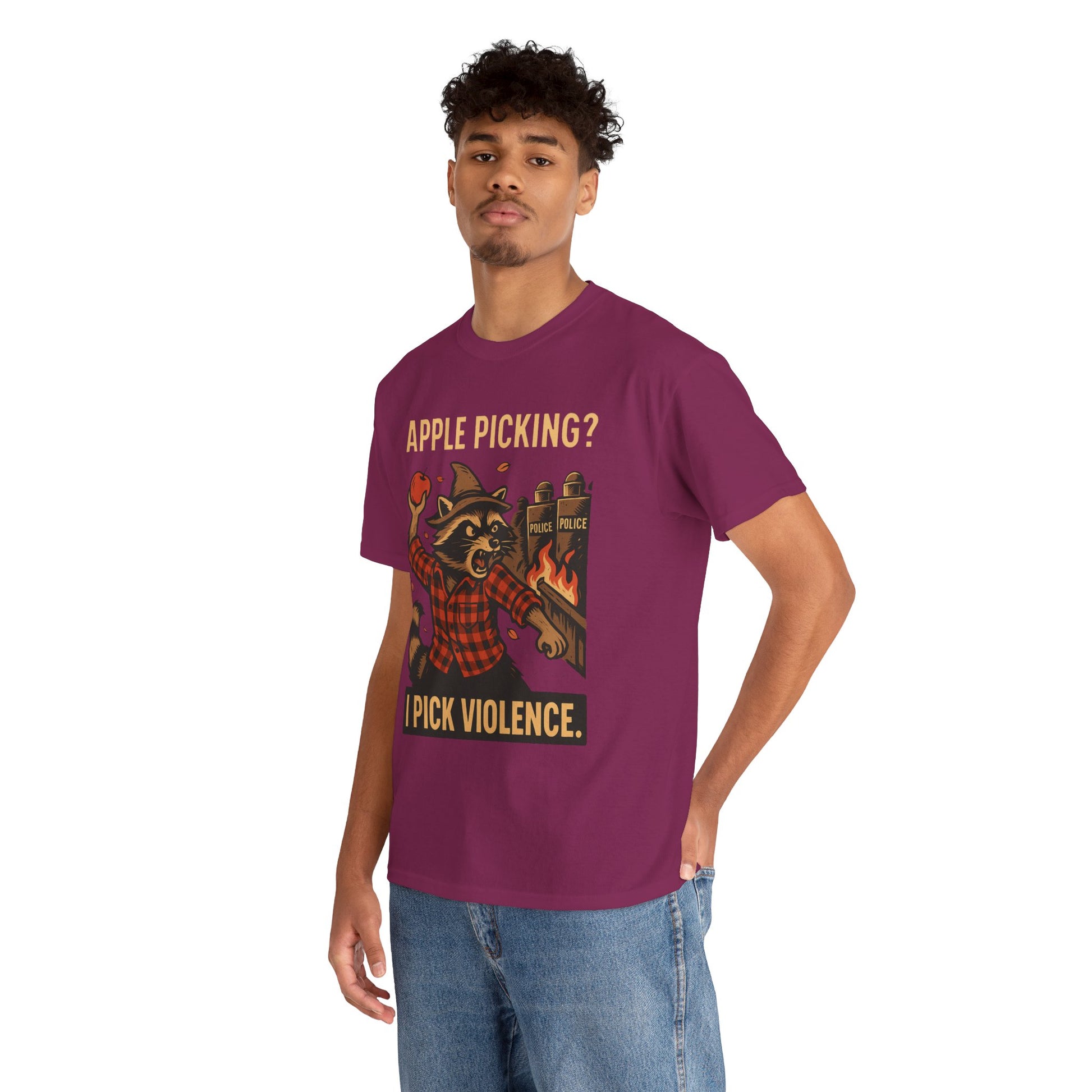 Apple Picking? I Pick Violence Shirt – Angry Raccoon Riot Tee – Fall of Humanity Collection – Trash Cult Supply Co.