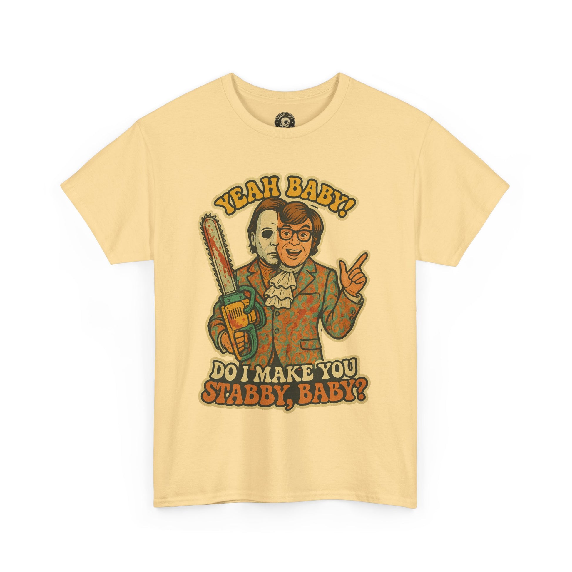 Mike Myers Parody Shirt – “Do I Make You Stabby, Baby?” Funny Horror Mashup Tee – Gildan 5000 Unisex