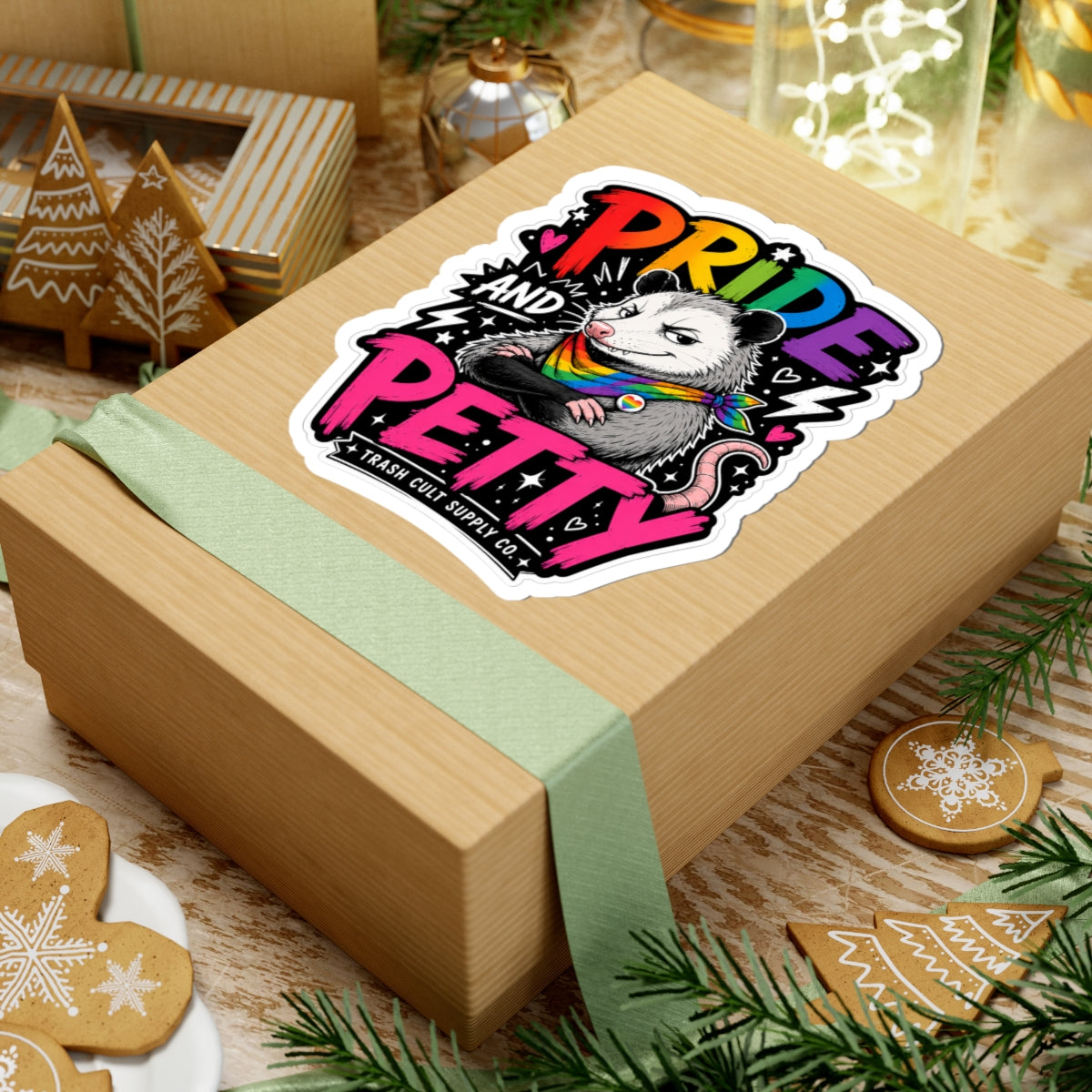 Pride and Petty Kiss-Cut Sticker — Rainbow Opossum LGBTQ+ Decorative Decal
