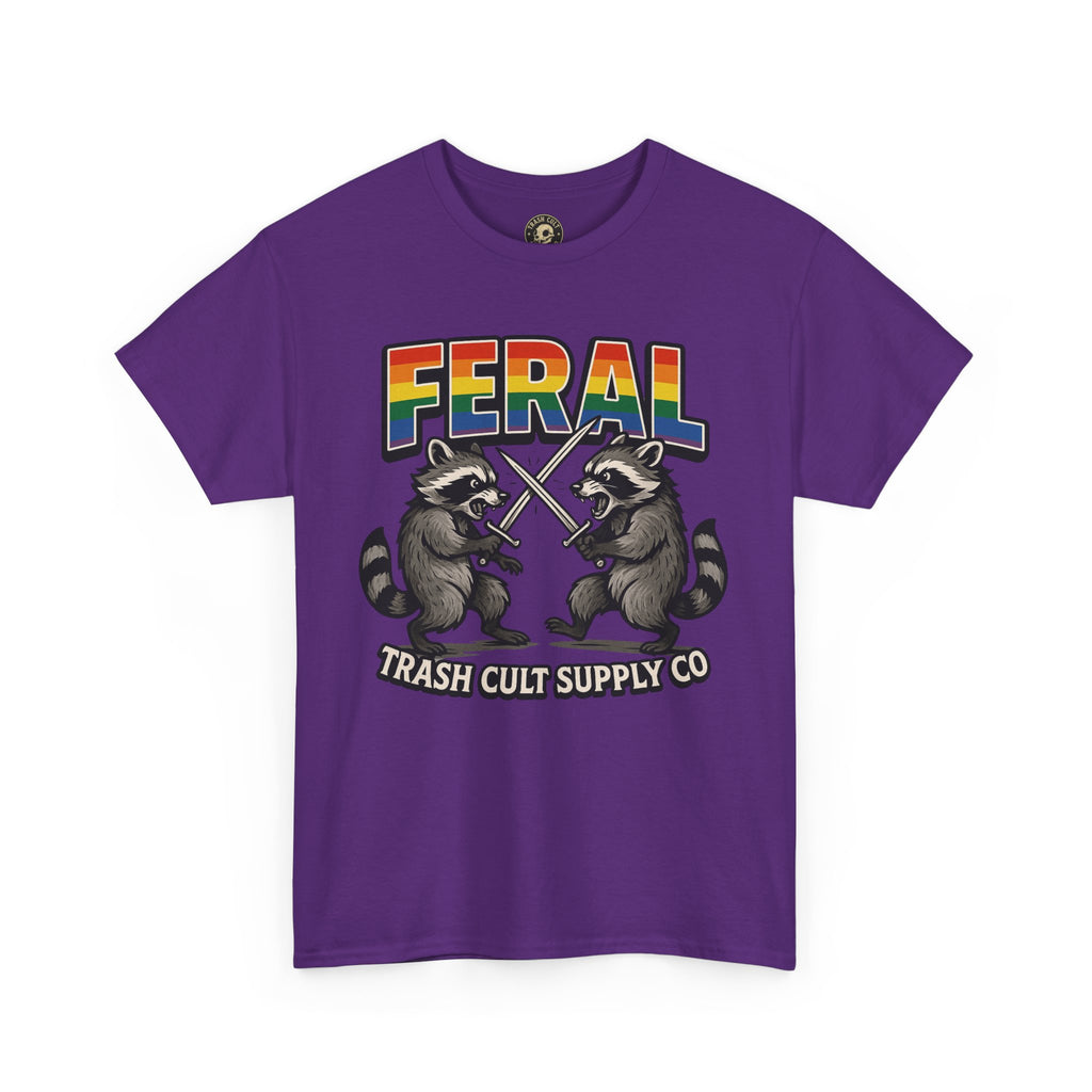 FERAL Rainbow Raccoon Sword Fighting Graphic Tee – Gildan 5000 Heavy Cotton