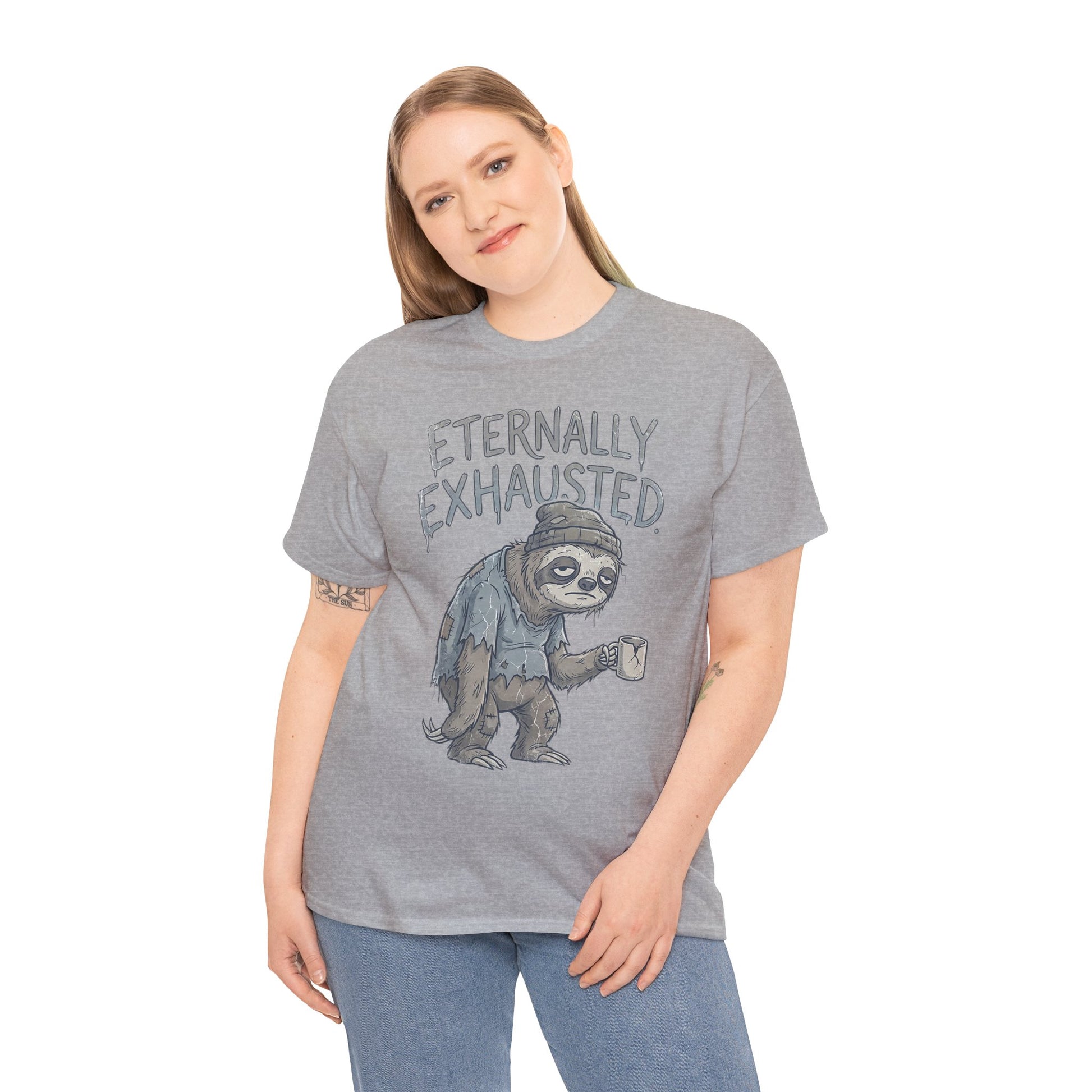T-Shirt — 'Eternally Exhausted' Sloth Graphic Tee (Funny Coffee Lover Gift)