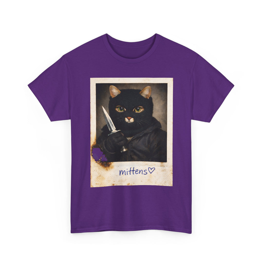 Cat With Knife Tee — "Mittens" Dark Humor Vintage Polaroid Graphic T-Shirt